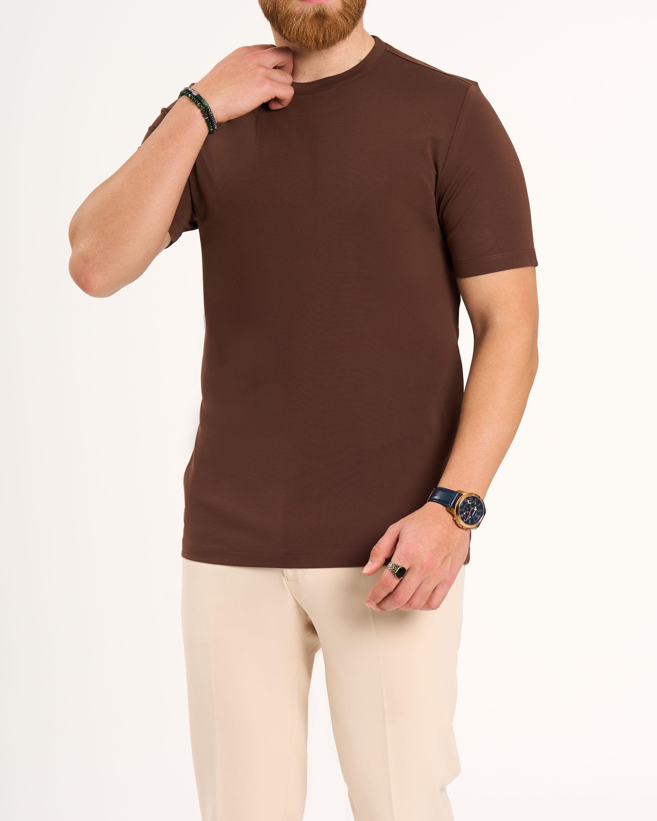 İtalyan stil slim fit bisiklet yaka triko tişört kahverengi T13770