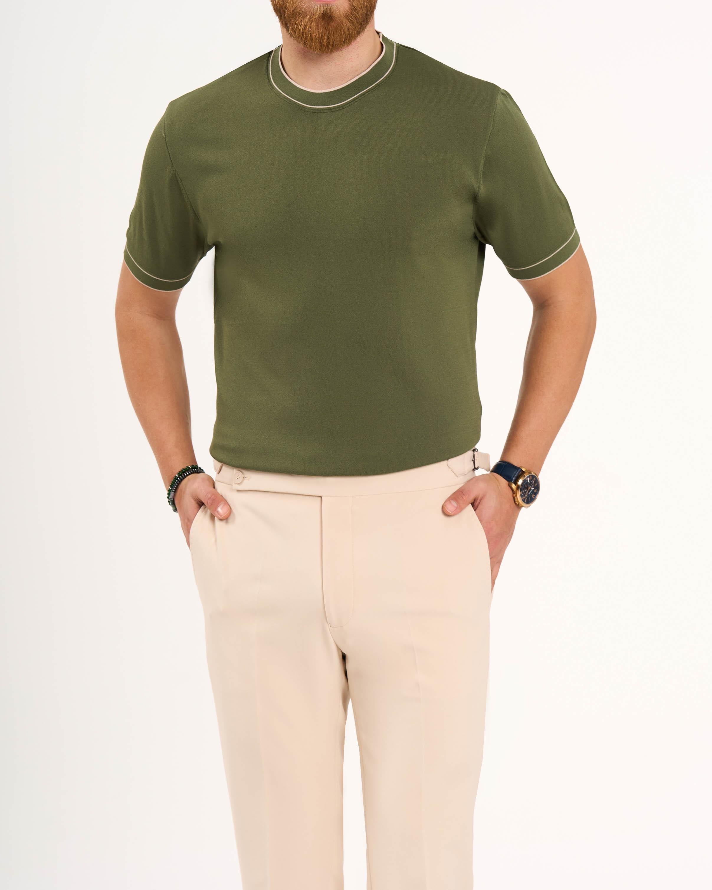 İtalyan stil slim fit bisiklet yaka triko tişört haki T13759