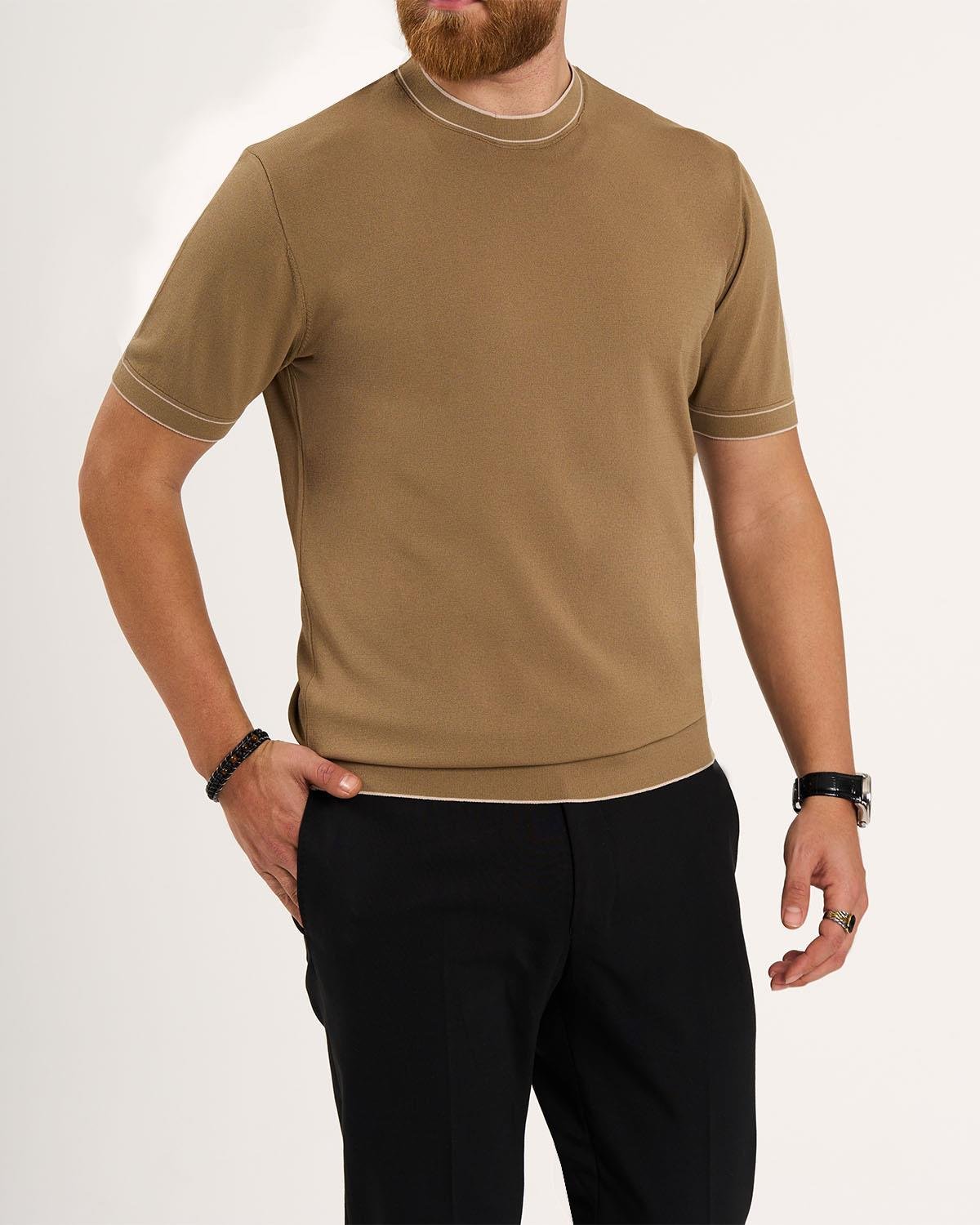 İtalyan stil slim fit bisiklet yaka triko tişört taba T13762