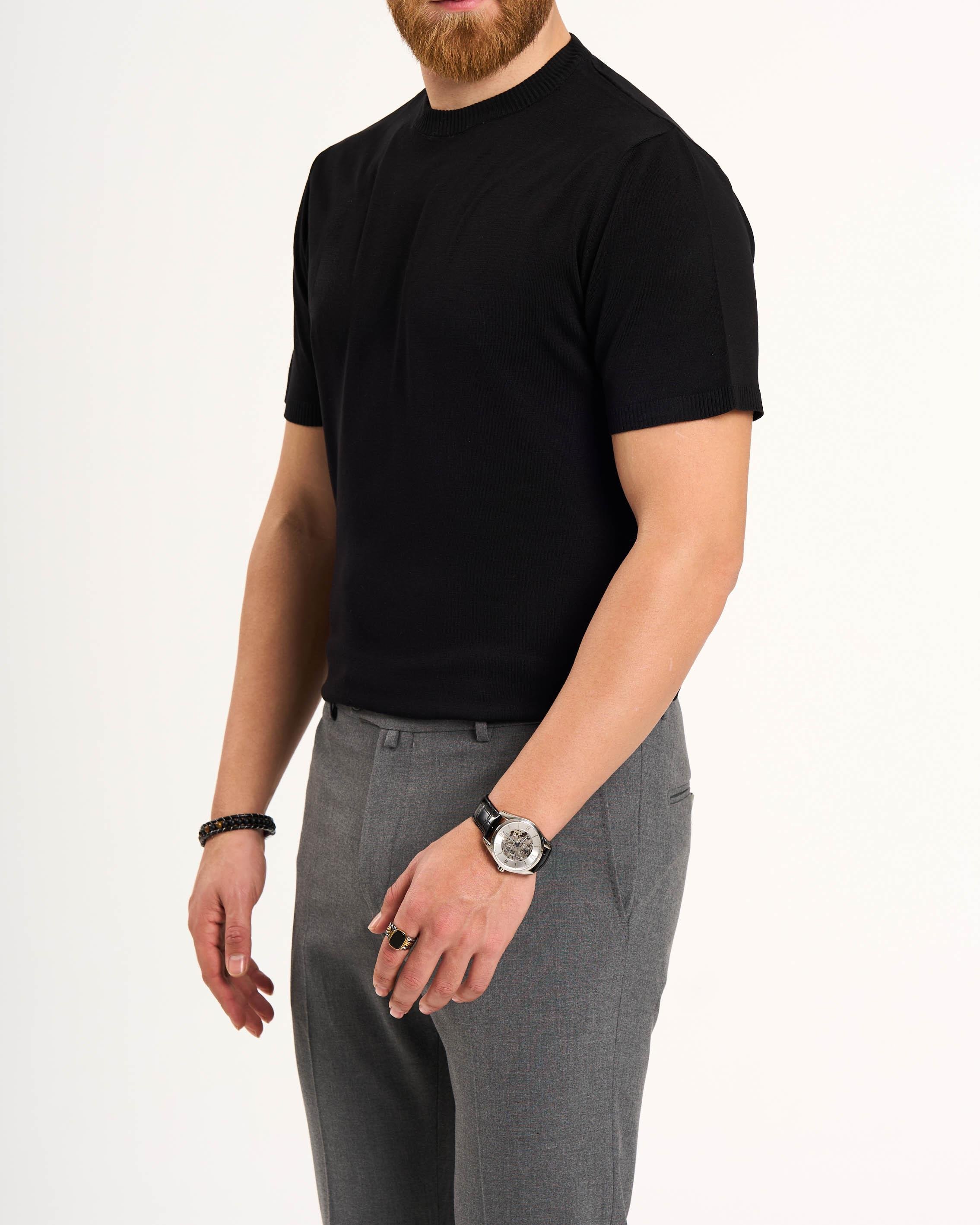 İtalyan stil slim fit bisiklet yaka triko tişört siyah T13141