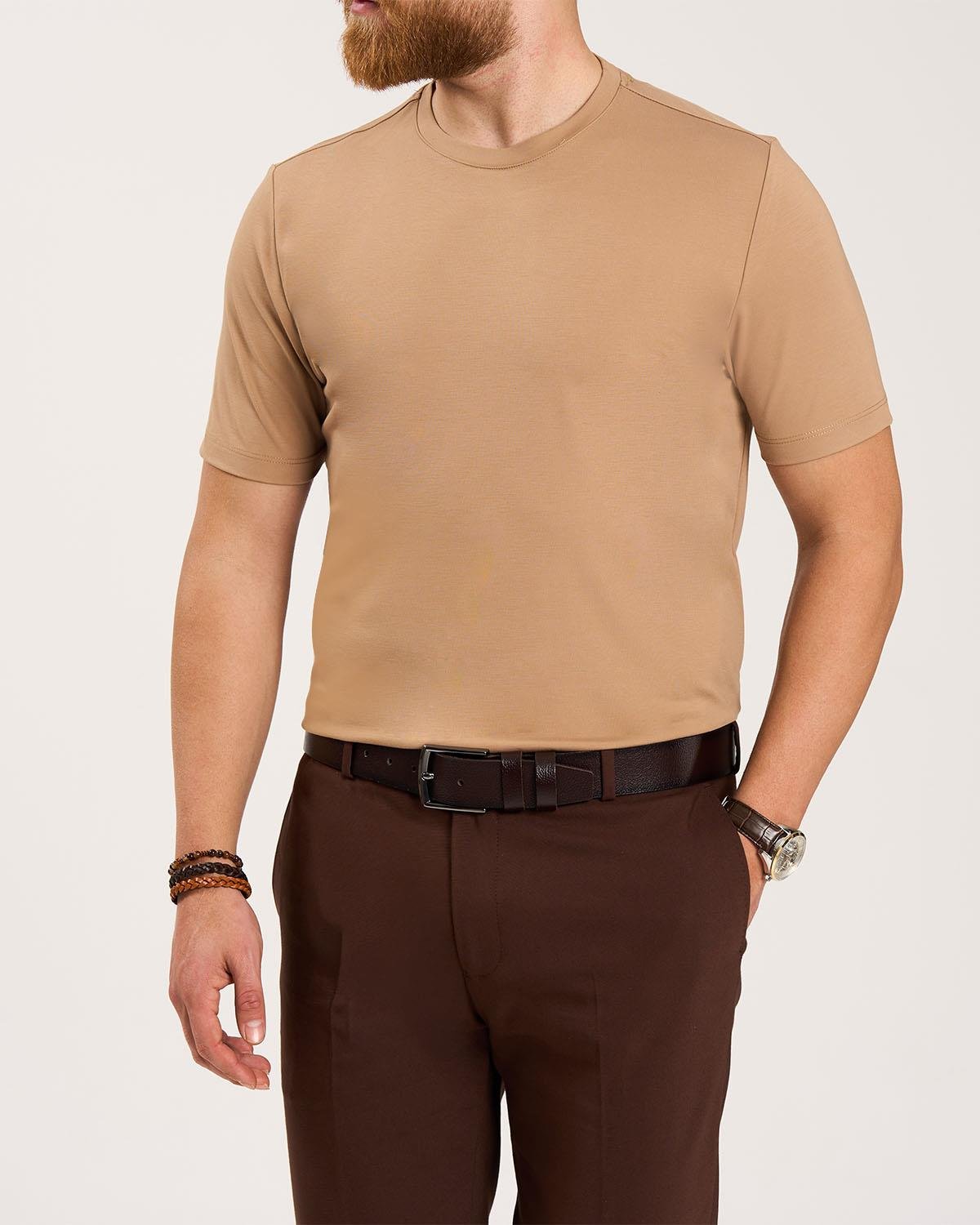 İtalyan stil slim fit bisiklet yaka triko tişört bej T13760