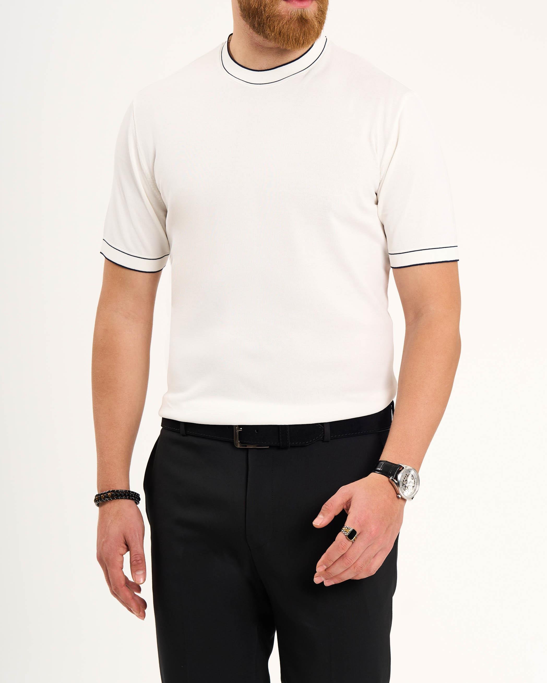 İtalyan stil slim fit bisiklet yaka triko tişört beyaz T13757
