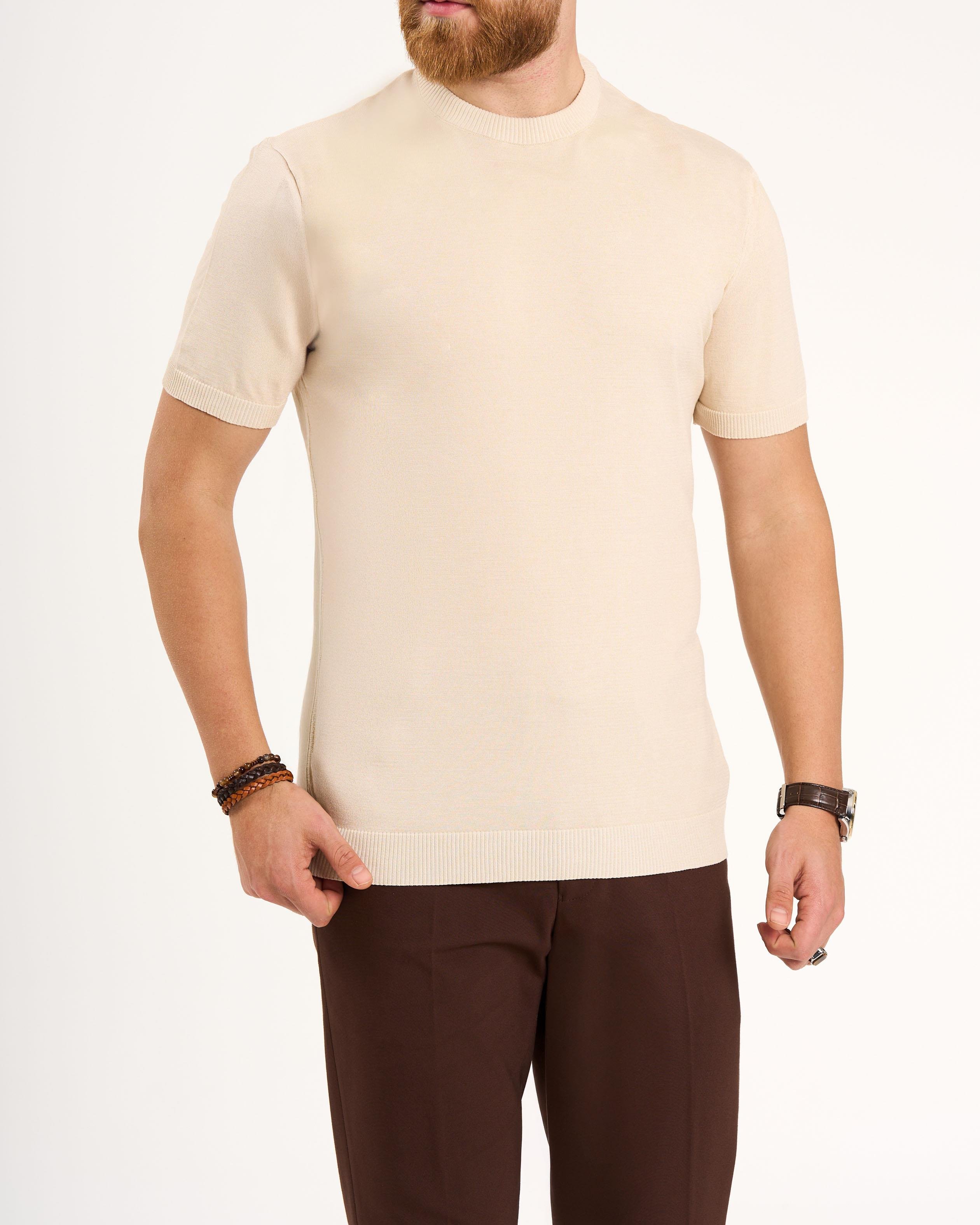 İtalyan stil slim fit bisiklet yaka triko tişört bej T13140