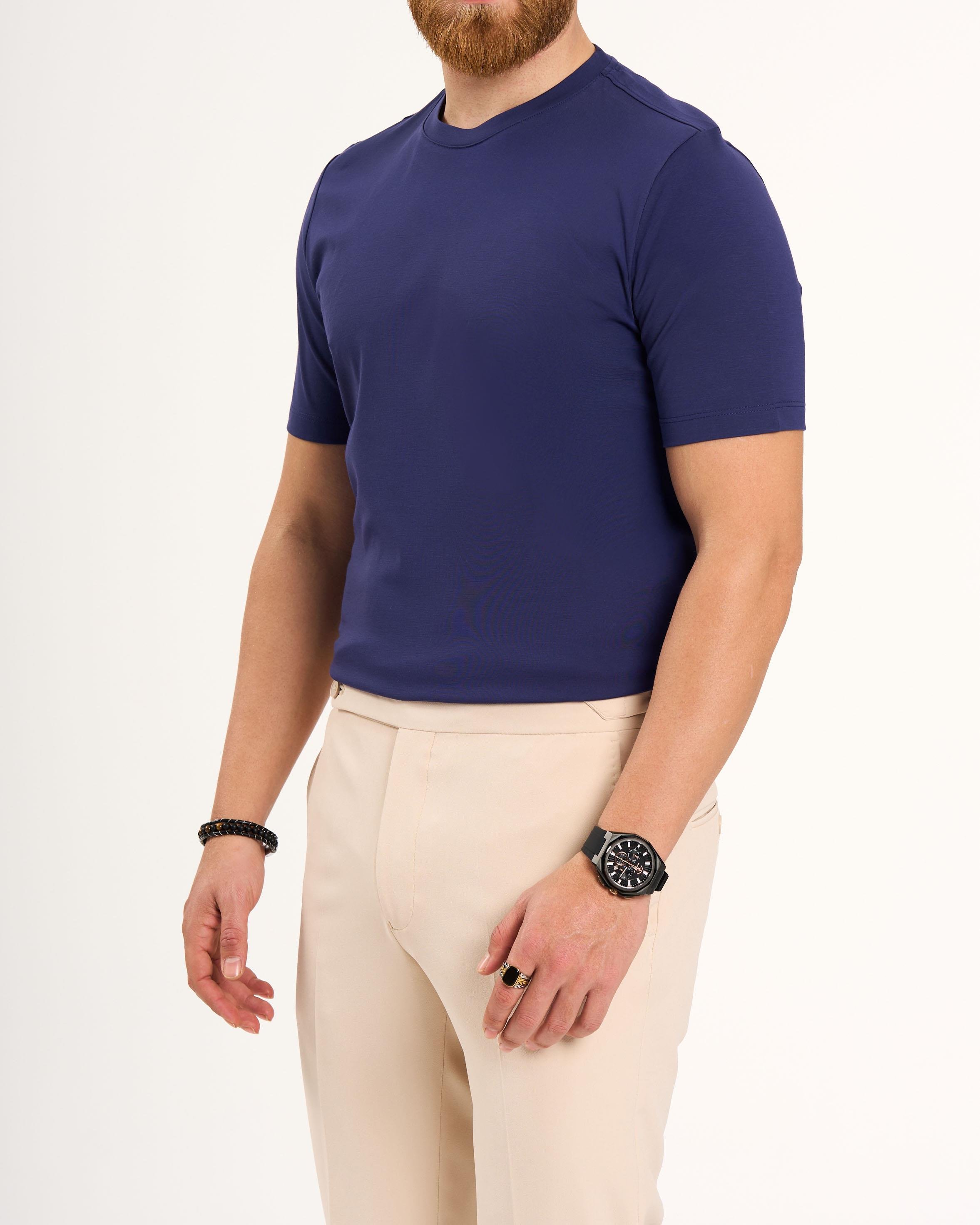 İtalyan stil slim fit bisiklet yaka triko tişört indigo T13769