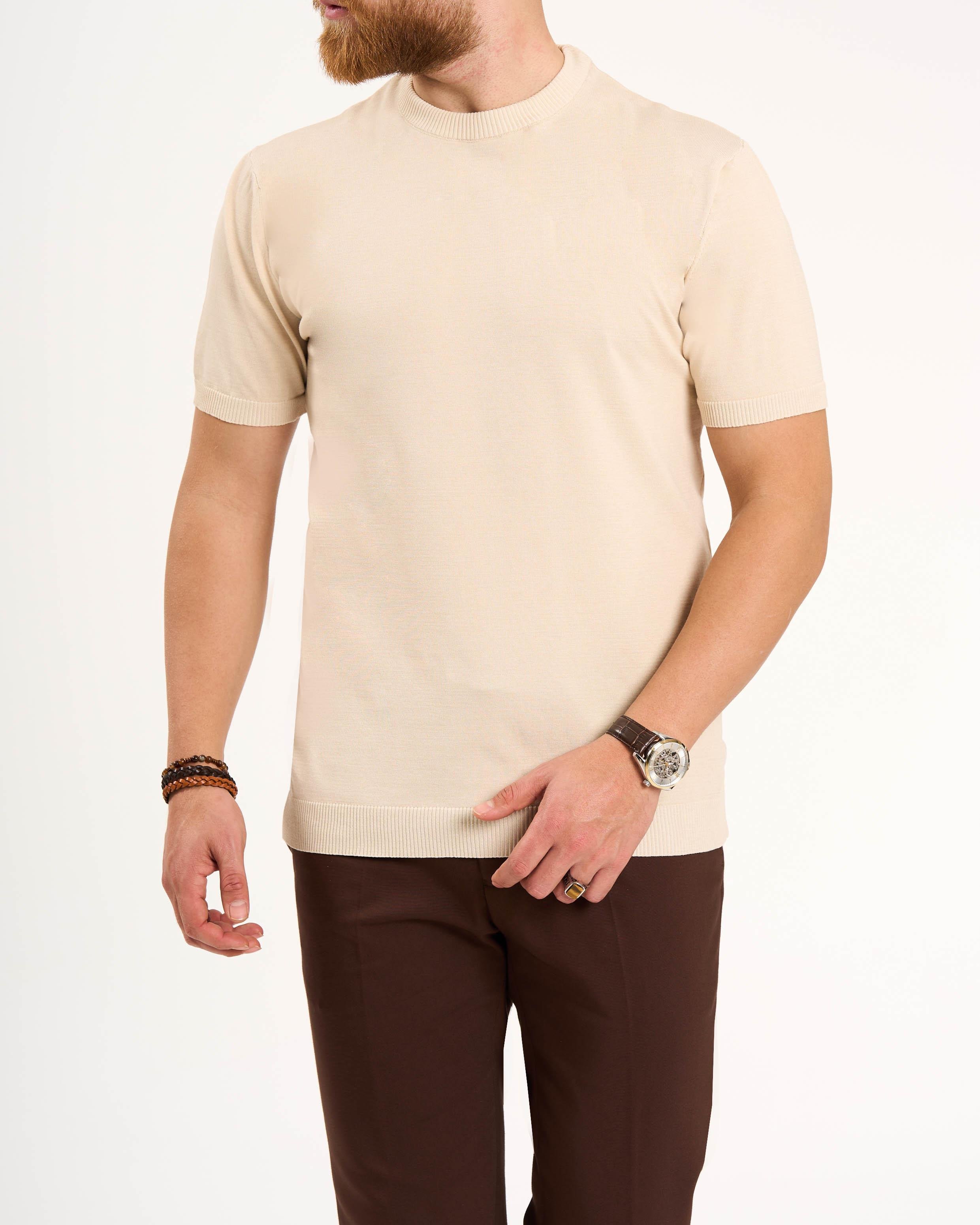 İtalyan stil slim fit bisiklet yaka triko tişört bej T13140