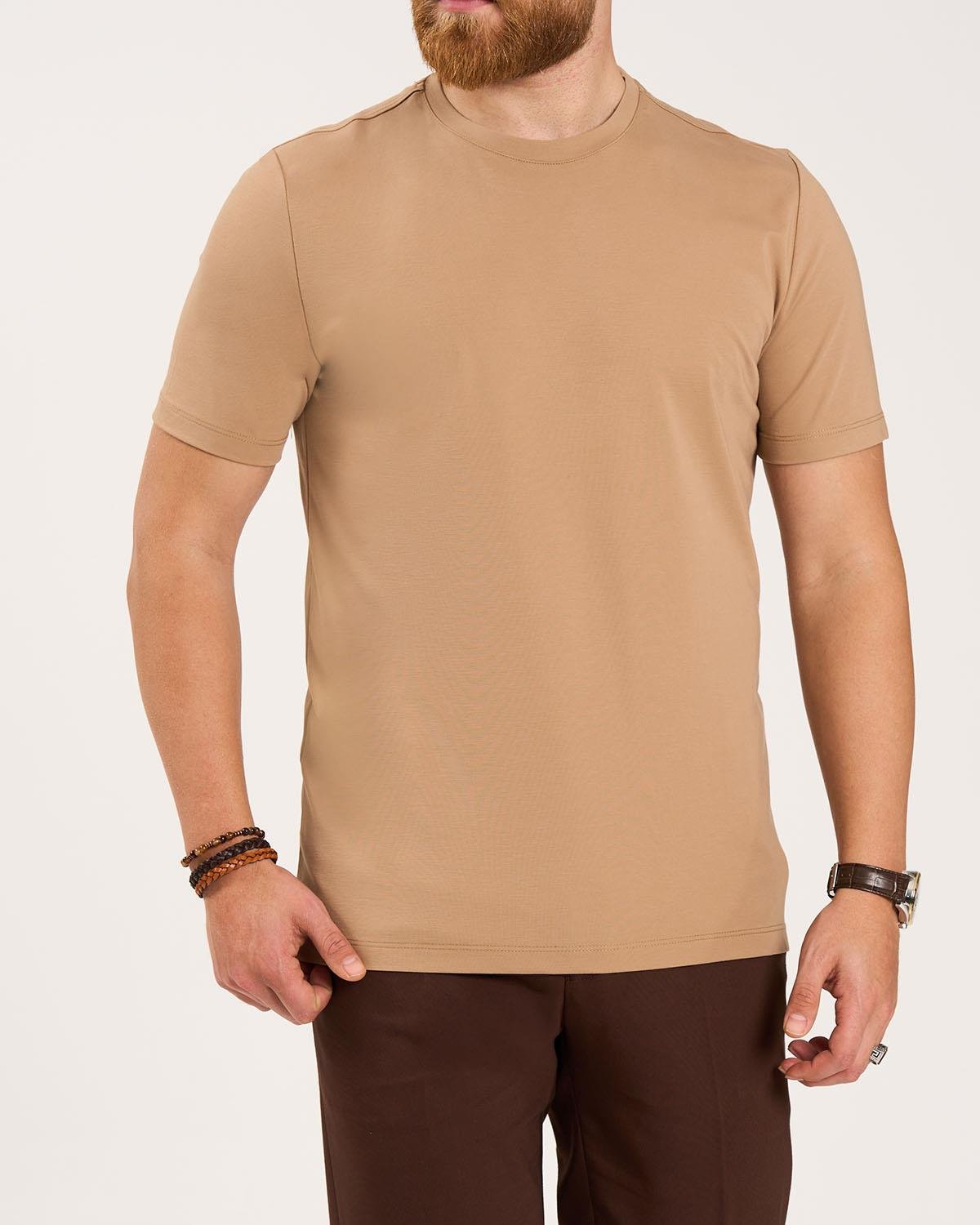İtalyan stil slim fit bisiklet yaka triko tişört bej T13760