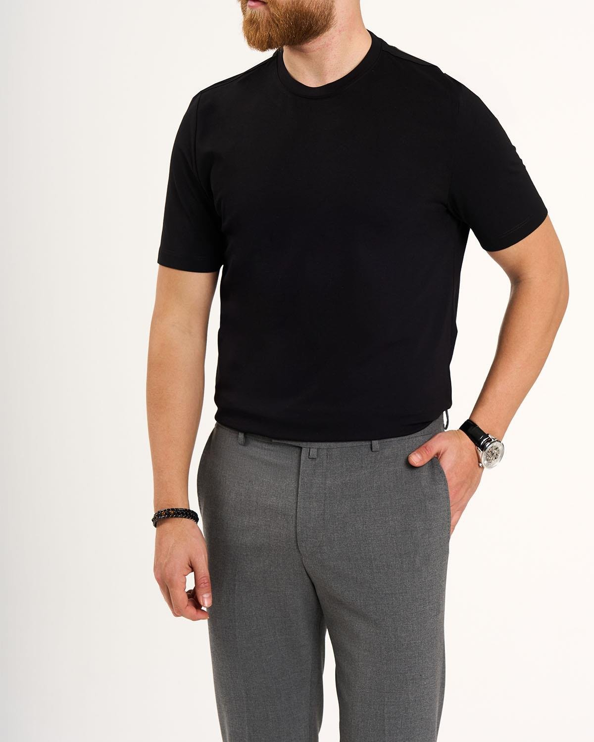 İtalyan stil slim fit bisiklet yaka triko tişört siyah T13763