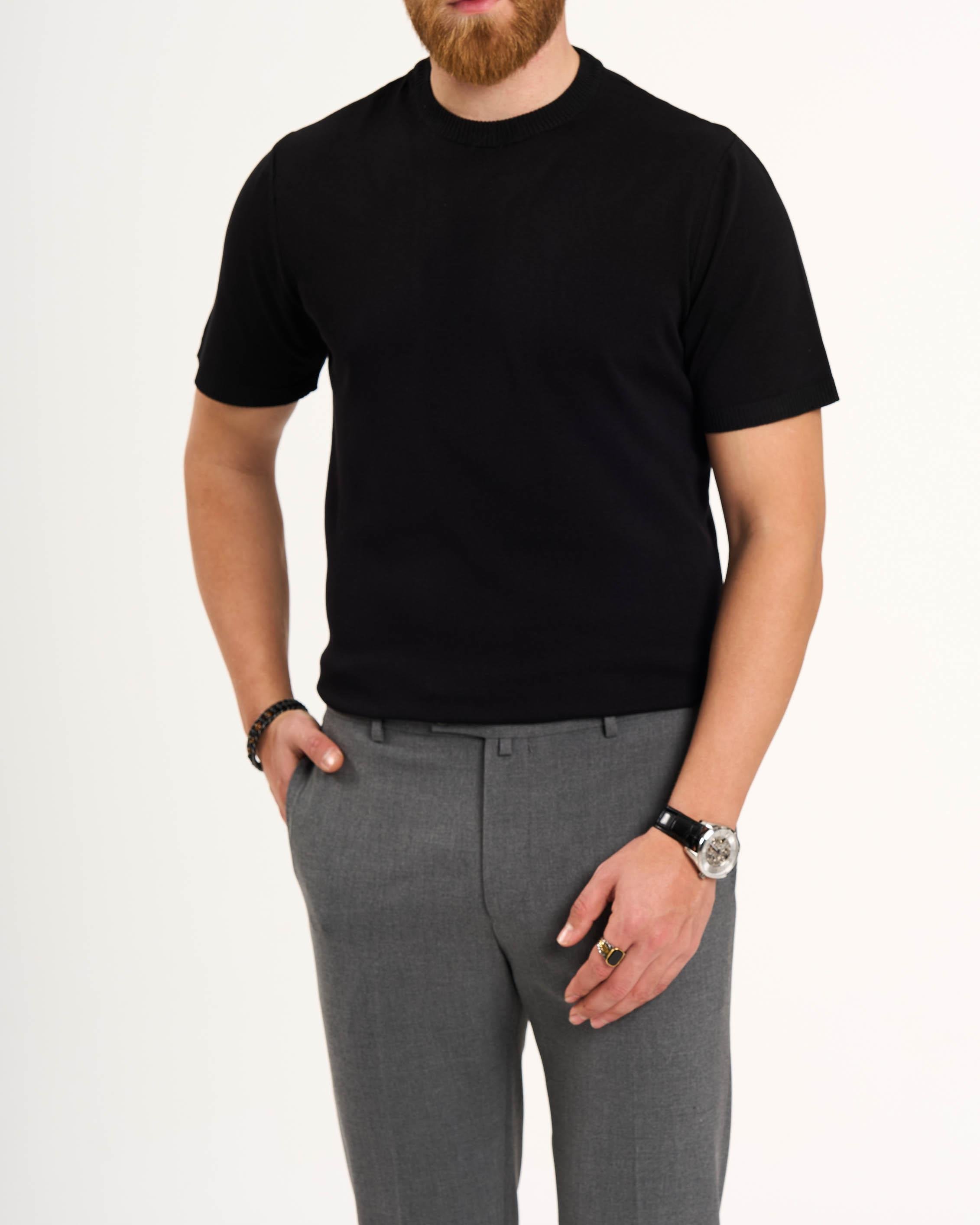 İtalyan stil slim fit bisiklet yaka triko tişört siyah T13141