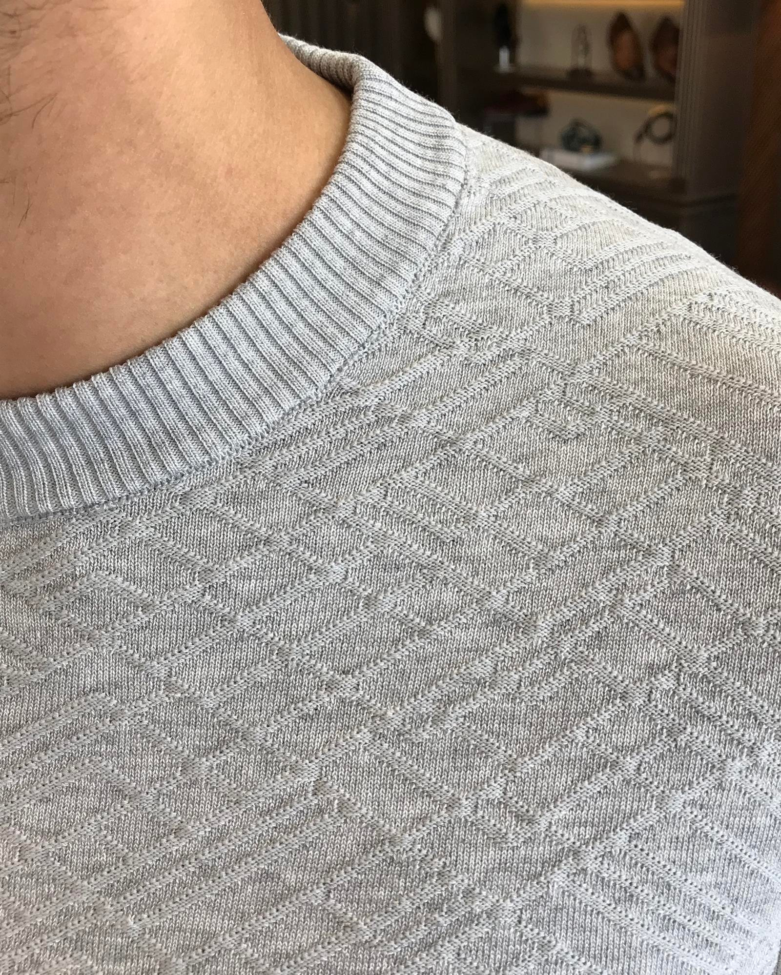 İtalyan stil slim fit bisiklet yaka triko tişört gri T9492