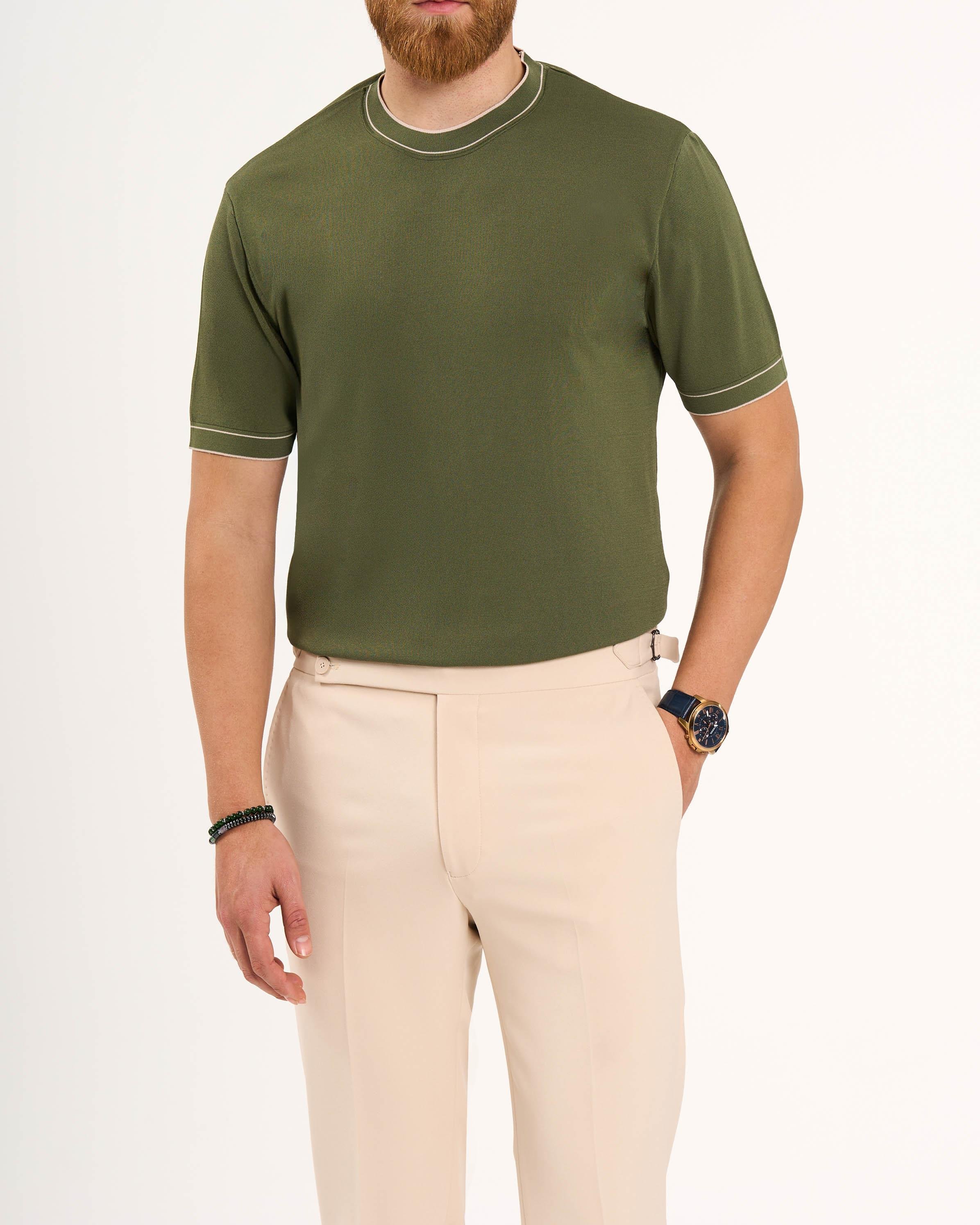 İtalyan stil slim fit bisiklet yaka triko tişört haki T13759