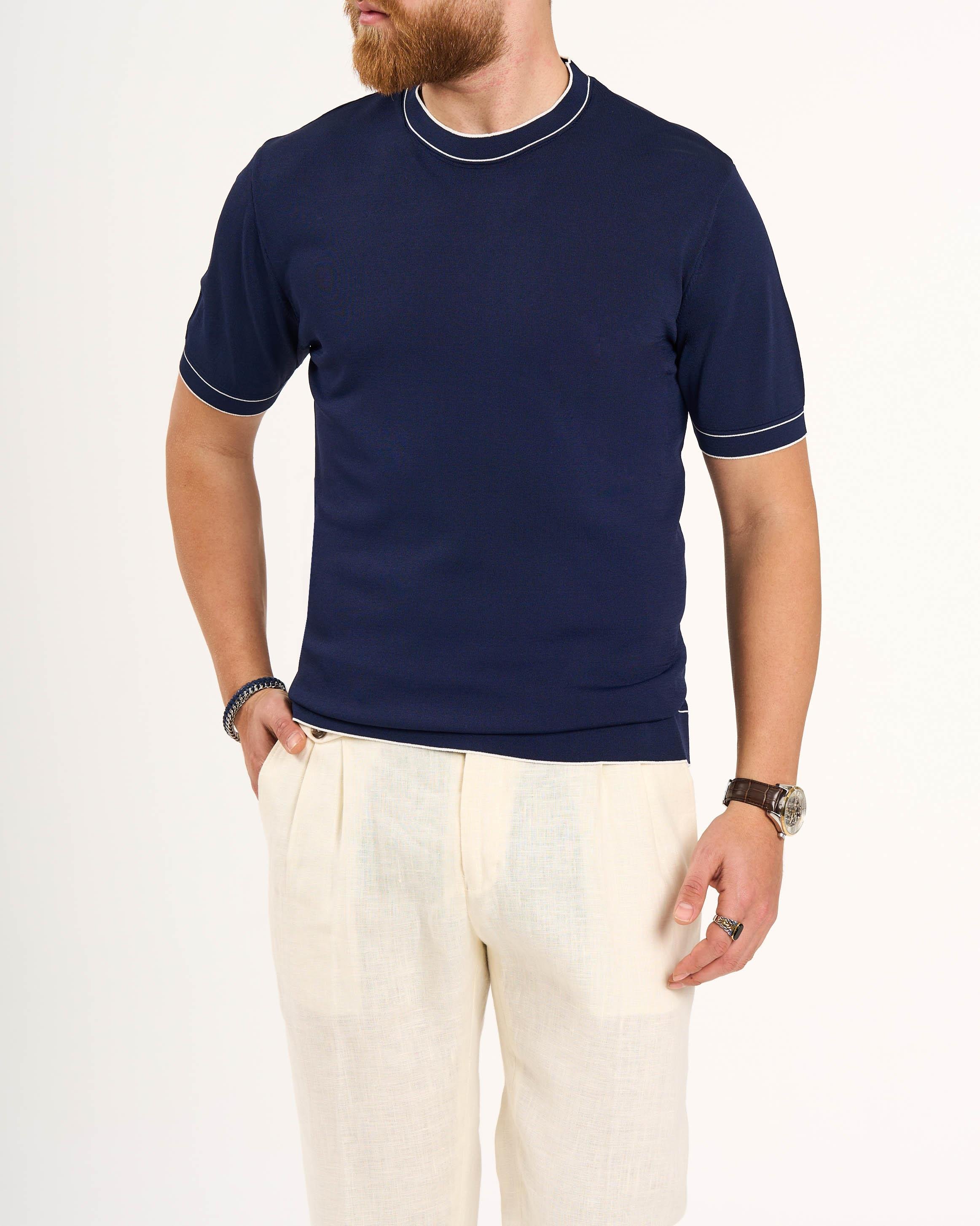 İtalyan stil slim fit bisiklet yaka triko tişört lacivert T13758