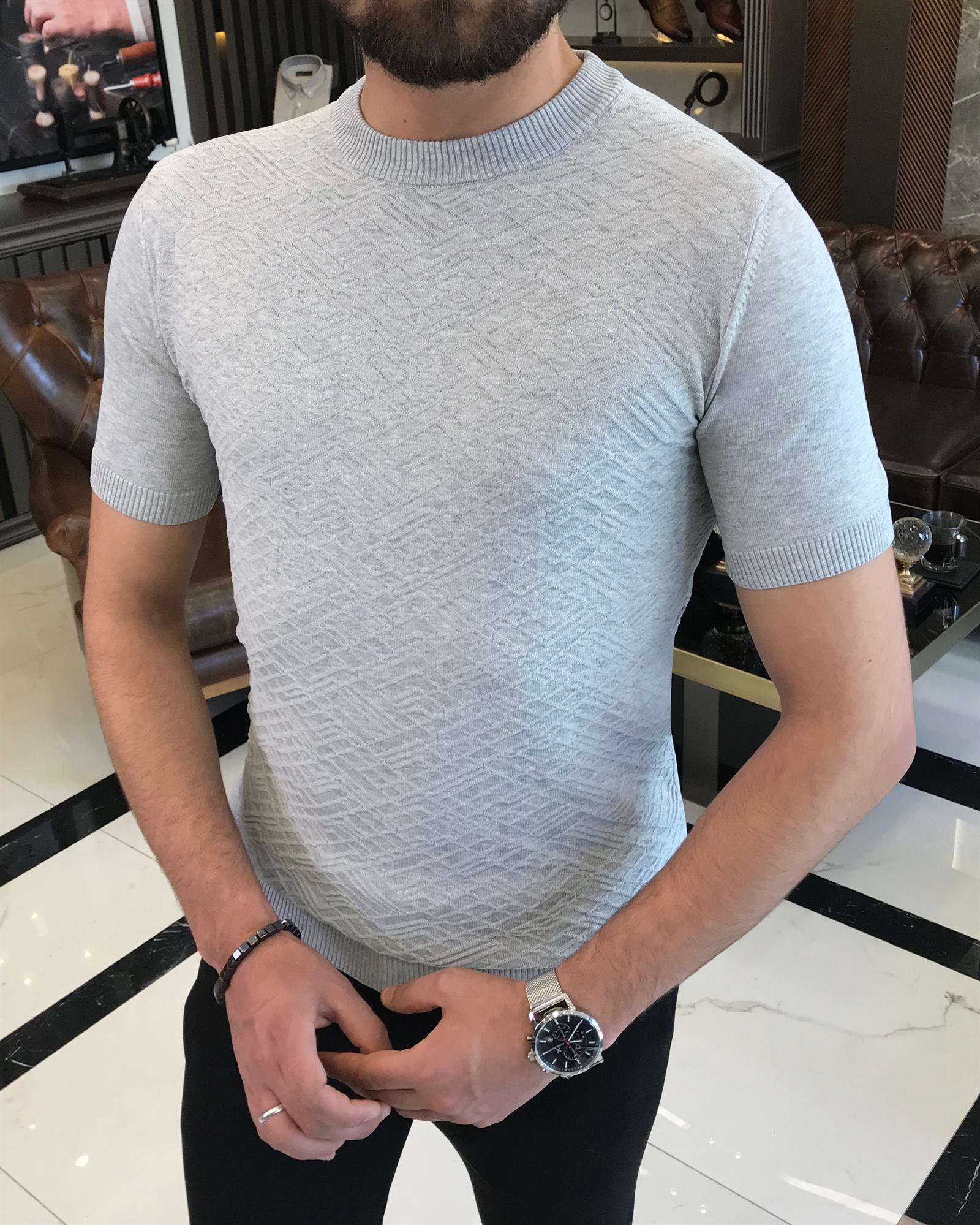 İtalyan stil slim fit bisiklet yaka triko tişört gri T9492