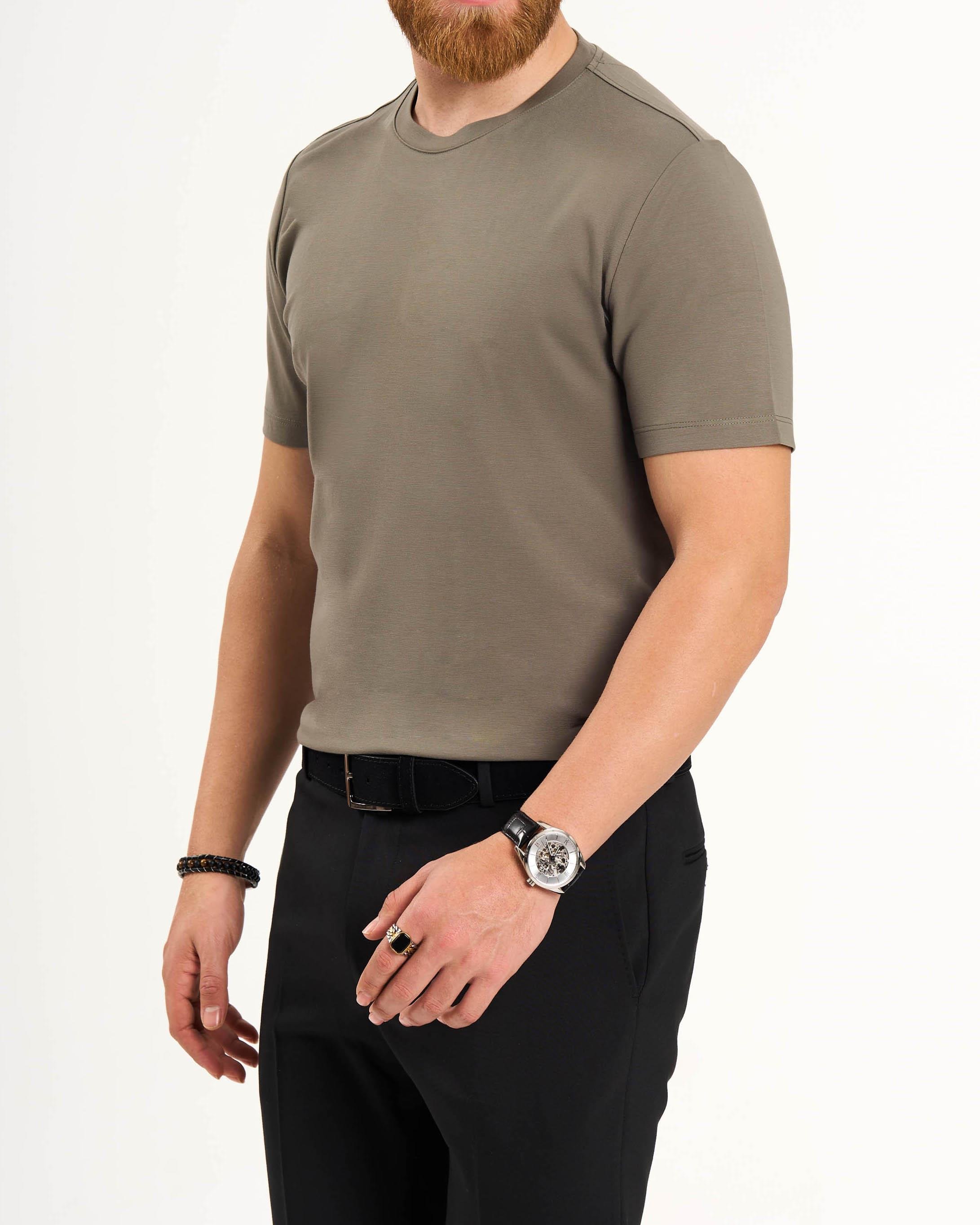 İtalyan stil slim fit bisiklet yaka triko tişört haki T13767