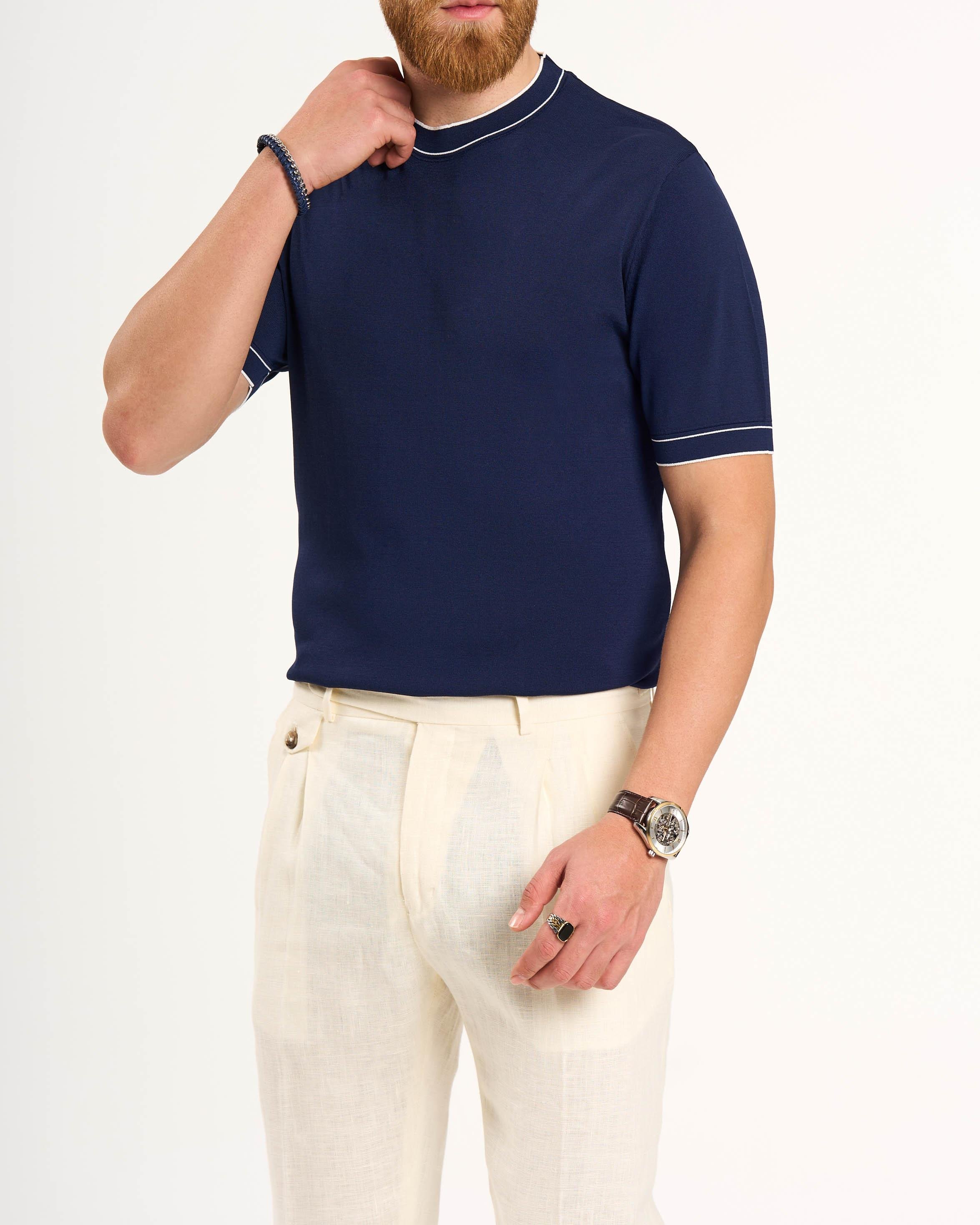 İtalyan stil slim fit bisiklet yaka triko tişört lacivert T13758