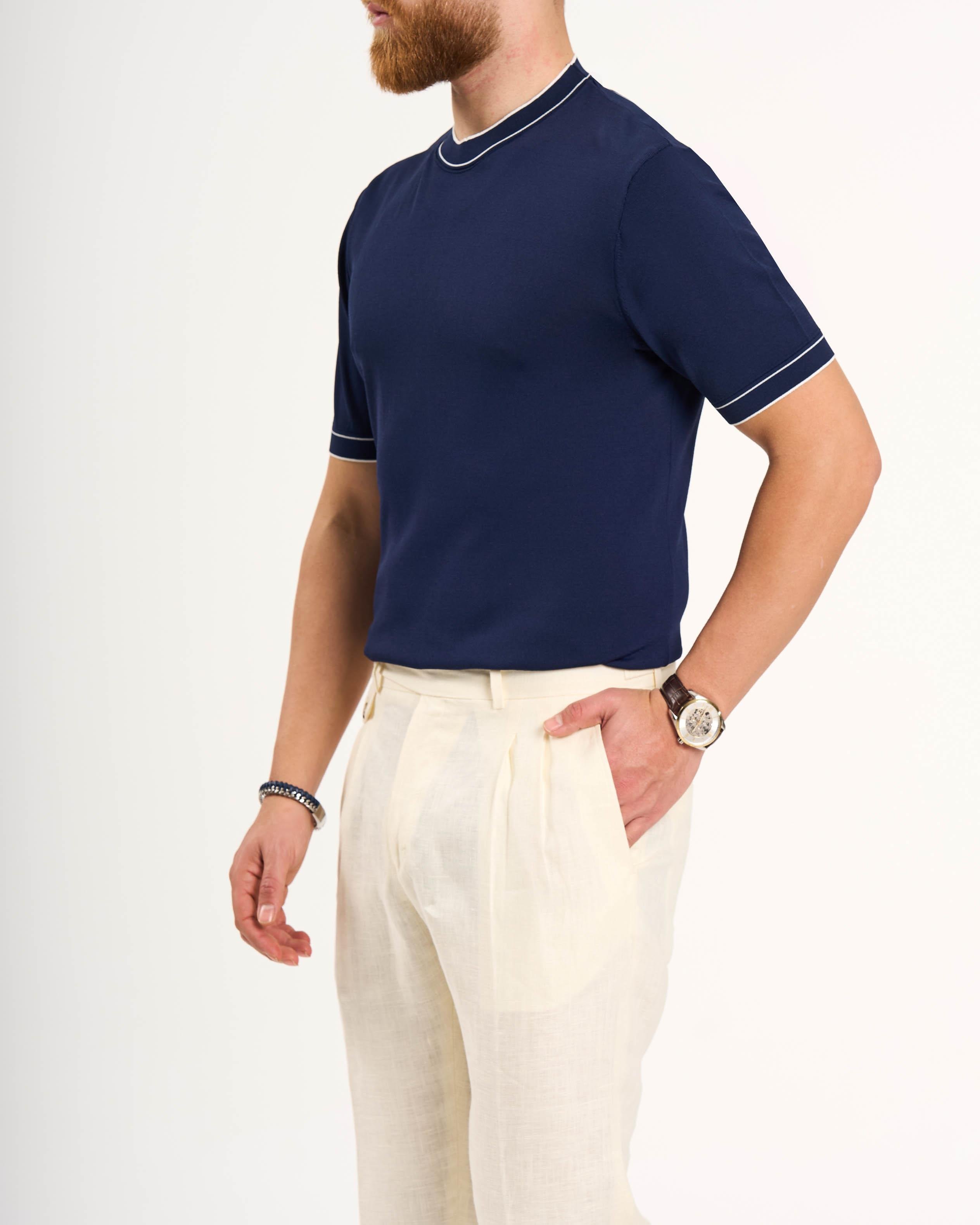 İtalyan stil slim fit bisiklet yaka triko tişört lacivert T13758