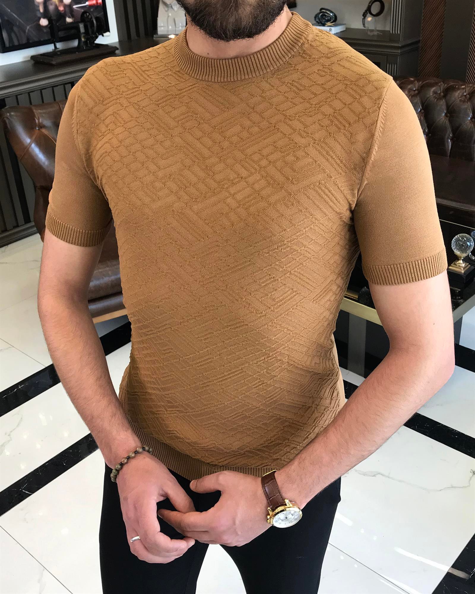 İtalyan stil slim fit bisiklet yaka triko tişört camel T9496
