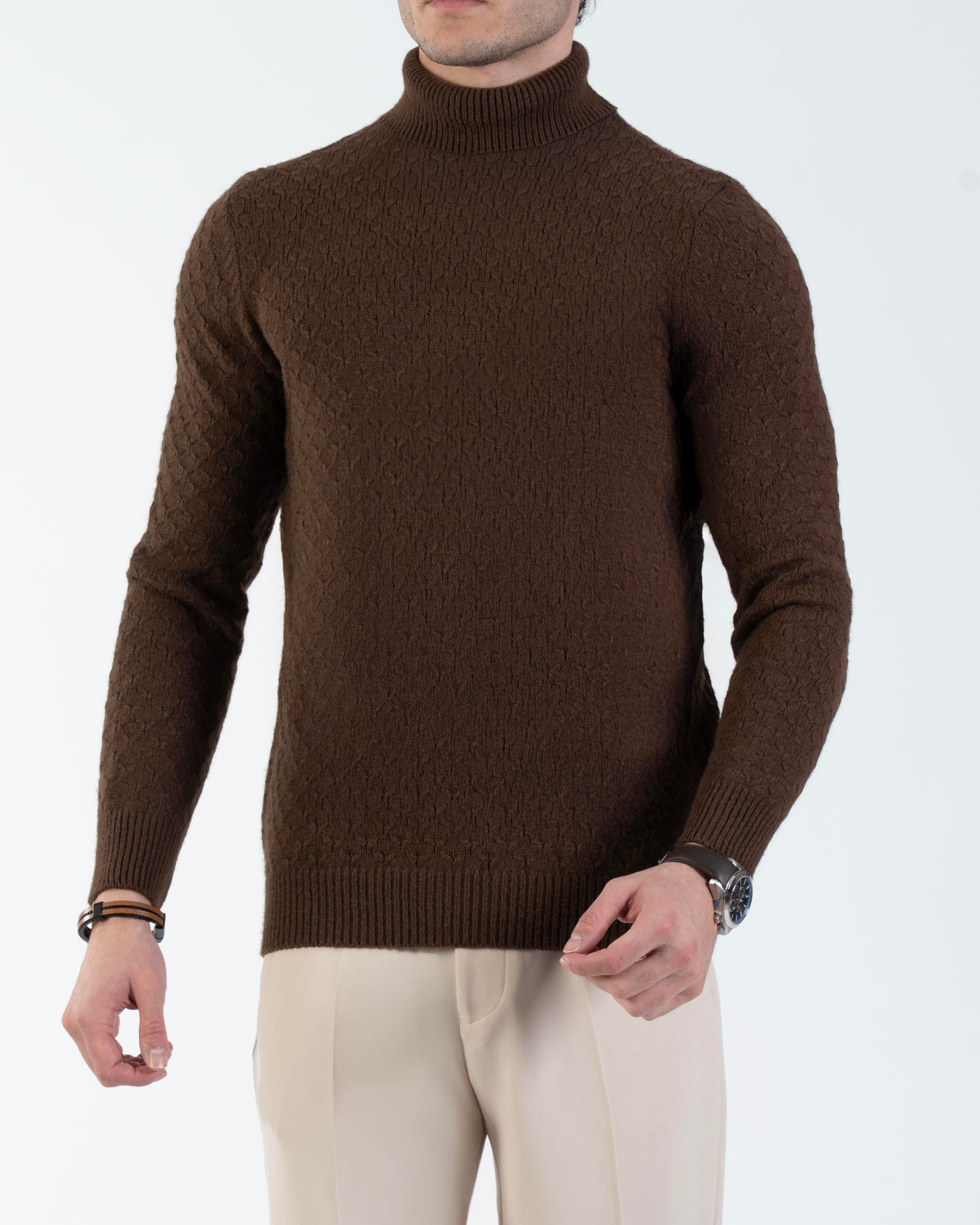 İtalyan stil slim fit boğazlı erkek triko kazak kahverengi T13005