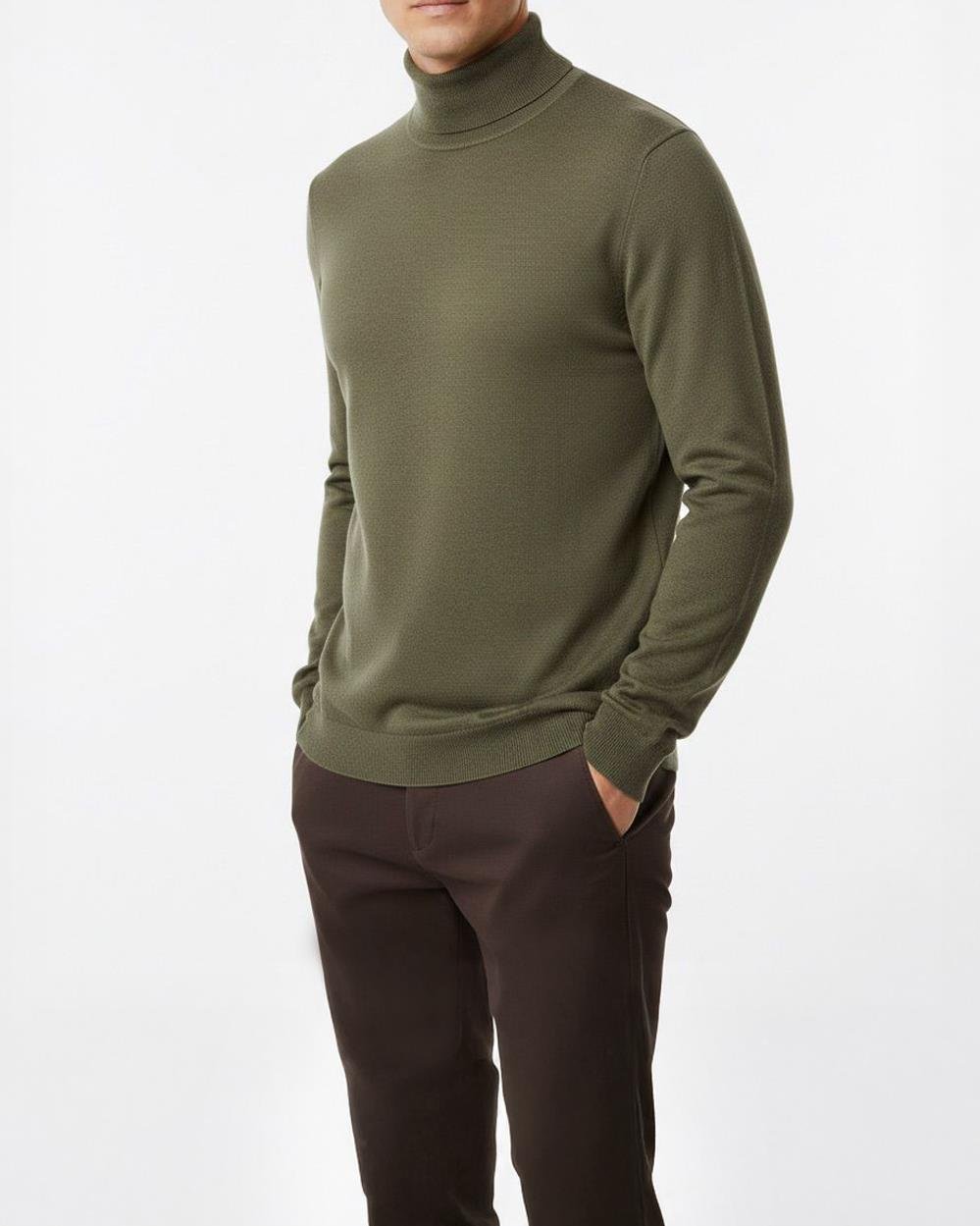 İtalyan stil slim fit boğazlı erkek triko kazak yeşil T10642