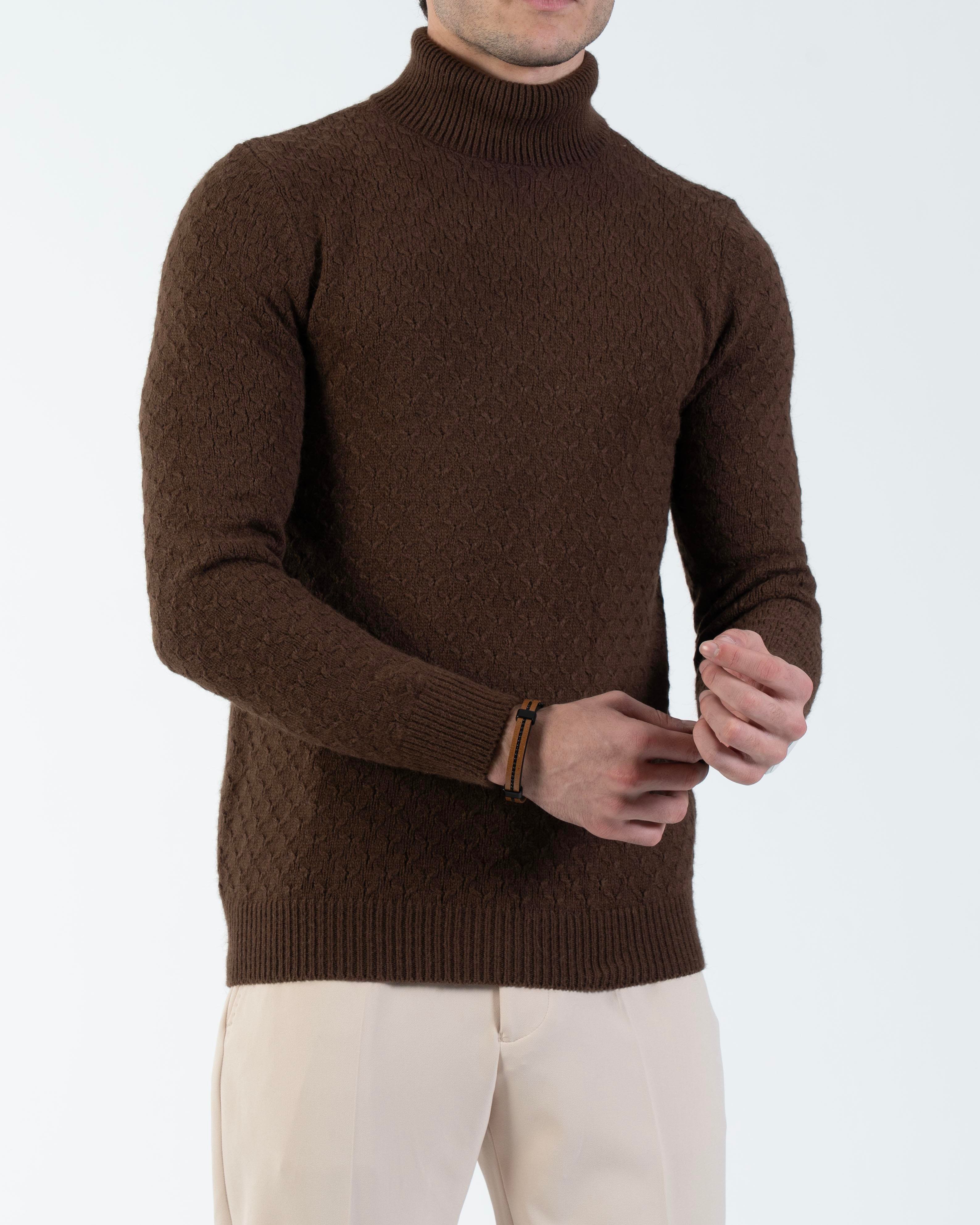 İtalyan stil slim fit boğazlı erkek triko kazak kahverengi T13005