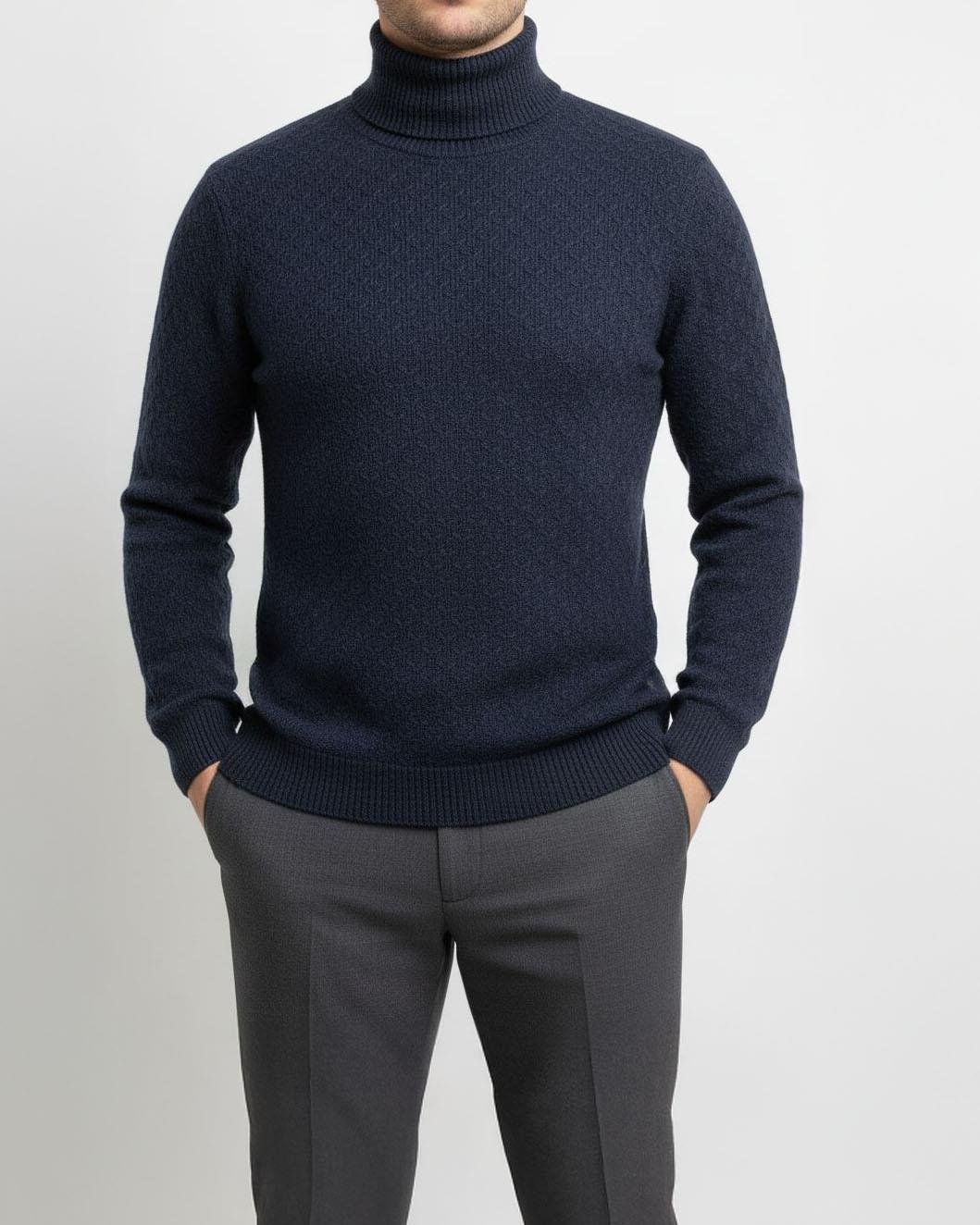 İtalyan stil slim fit boğazlı erkek triko kazak lacivert T13006