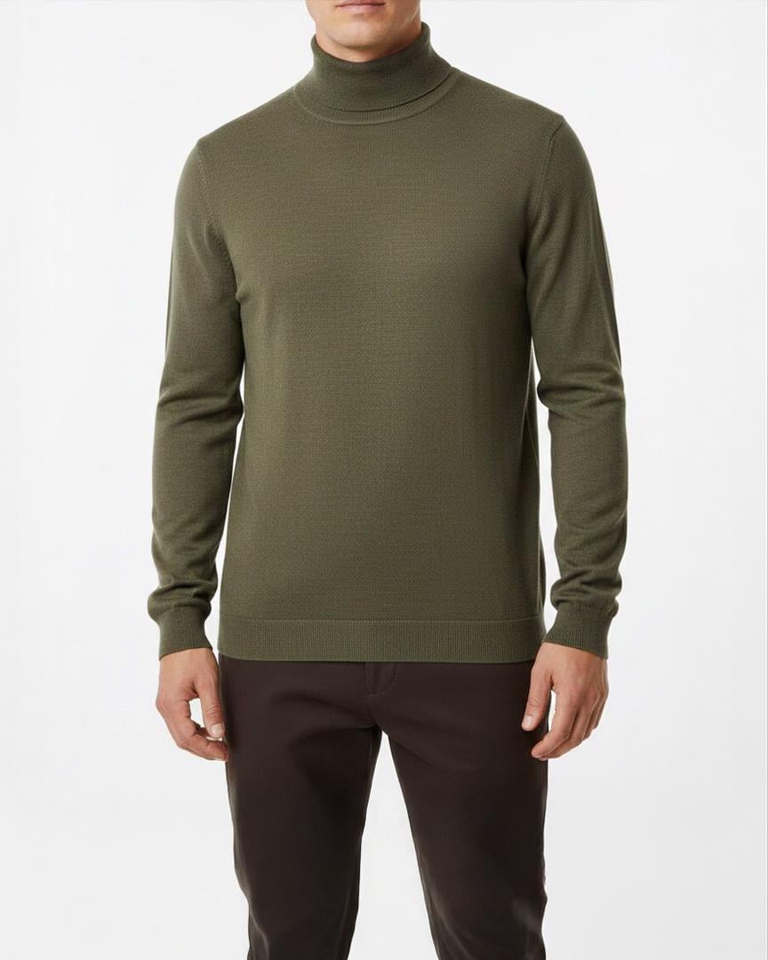 İtalyan stil slim fit boğazlı erkek triko kazak yeşil T10642