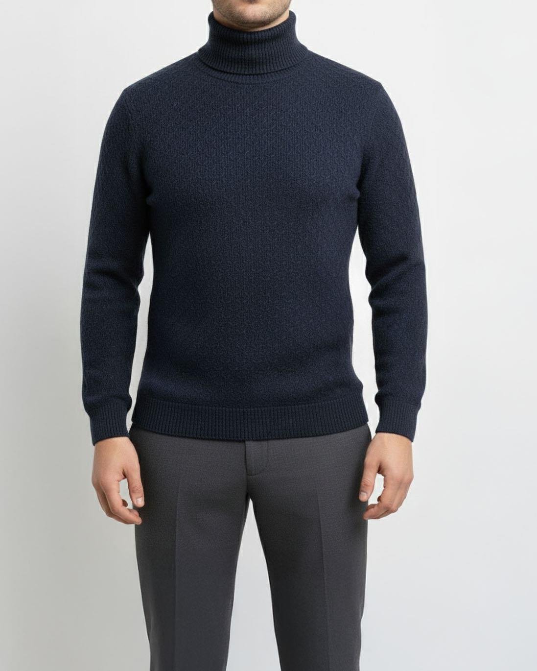 İtalyan stil slim fit boğazlı erkek triko kazak lacivert T13006