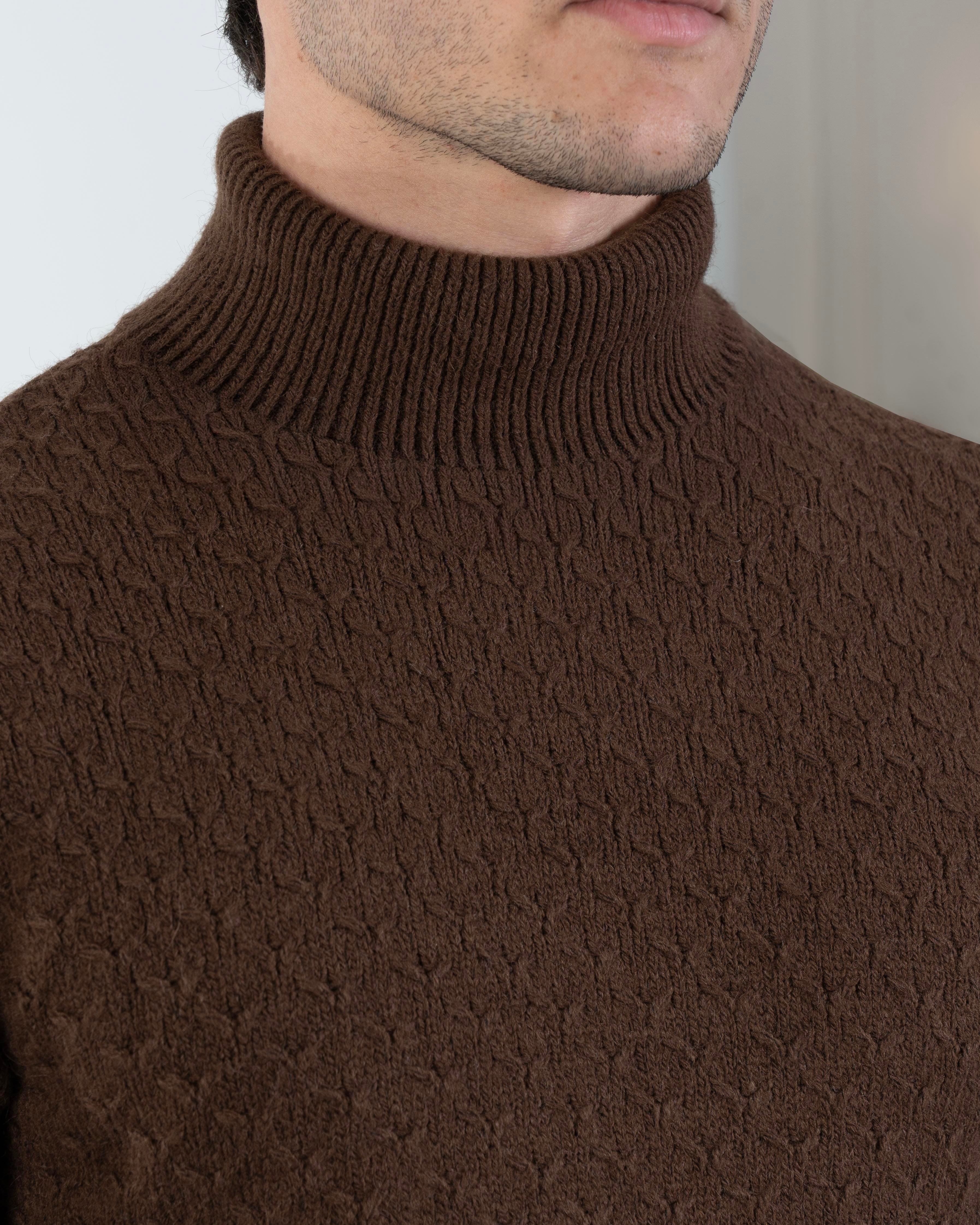 İtalyan stil slim fit boğazlı erkek triko kazak kahverengi T13005