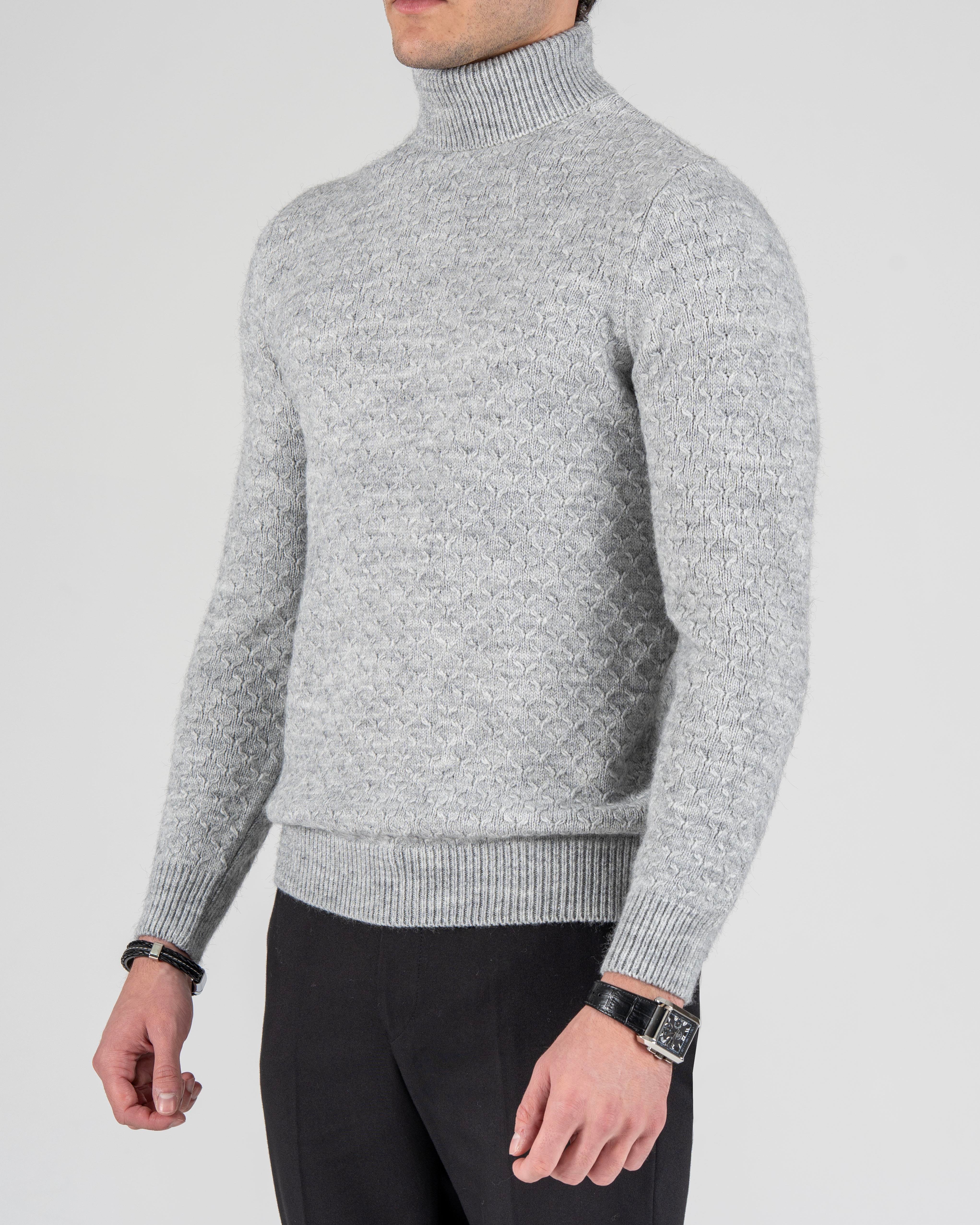 İtalyan stil slim fit boğazlı erkek triko kazak gri T13008