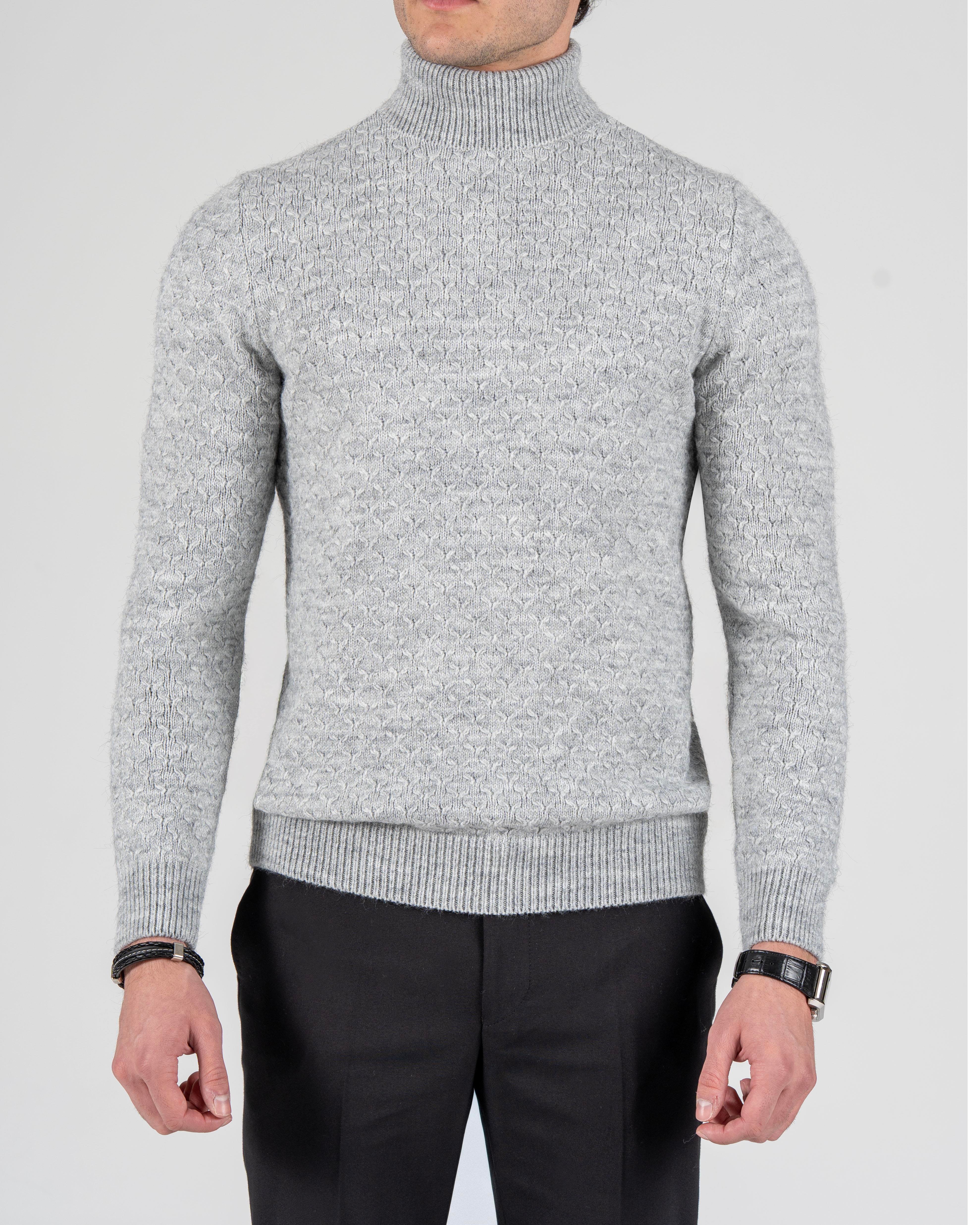 İtalyan stil slim fit boğazlı erkek triko kazak gri T13008