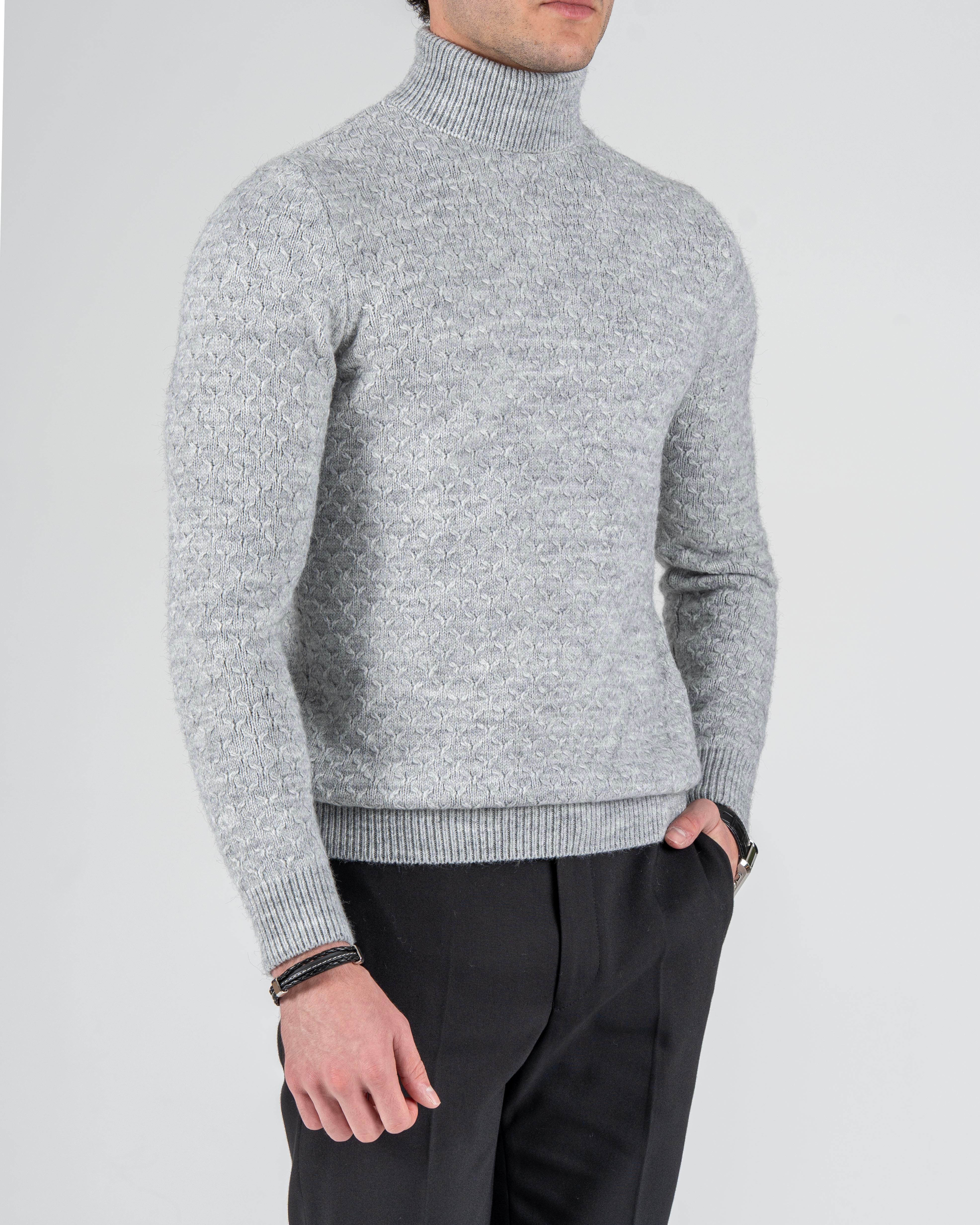 İtalyan stil slim fit boğazlı erkek triko kazak gri T13008