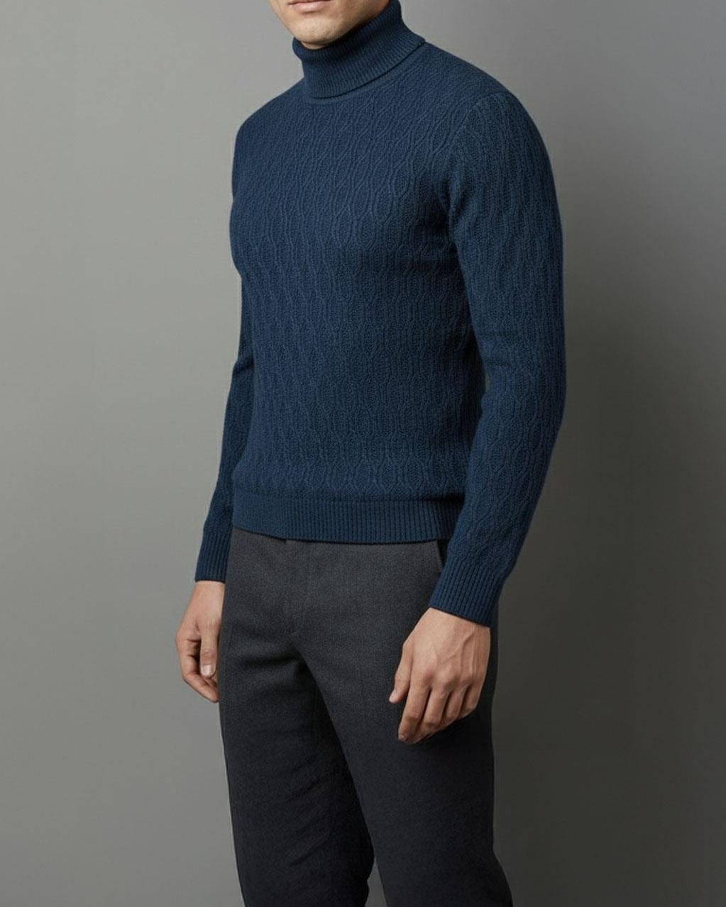 İtalyan stil slim fit boğazlı triko erkek kazak lacivert T13253