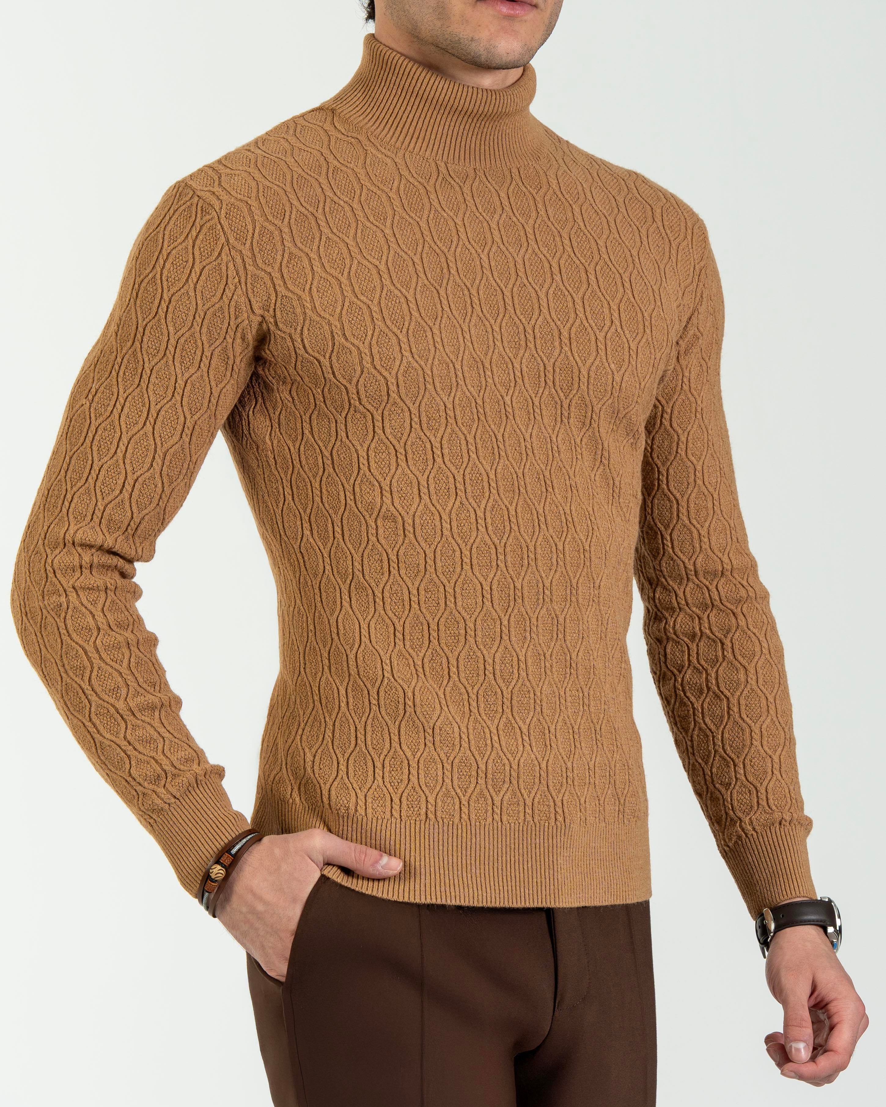 İtalyan stil slim fit boğazlı triko erkek kazak camel T13250
