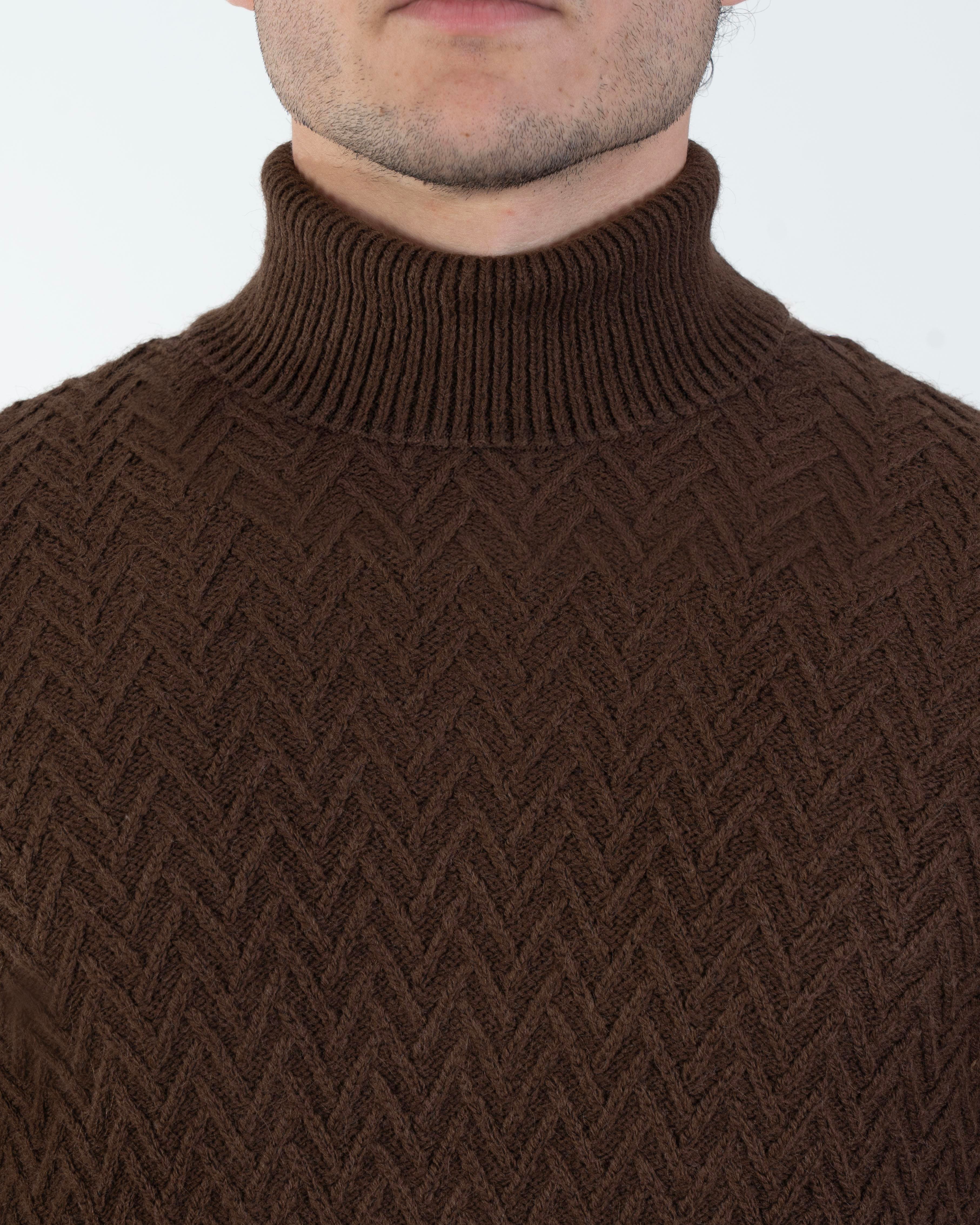 İtalyan stil slim fit boğazlı triko erkek kazak kahverengi T10610