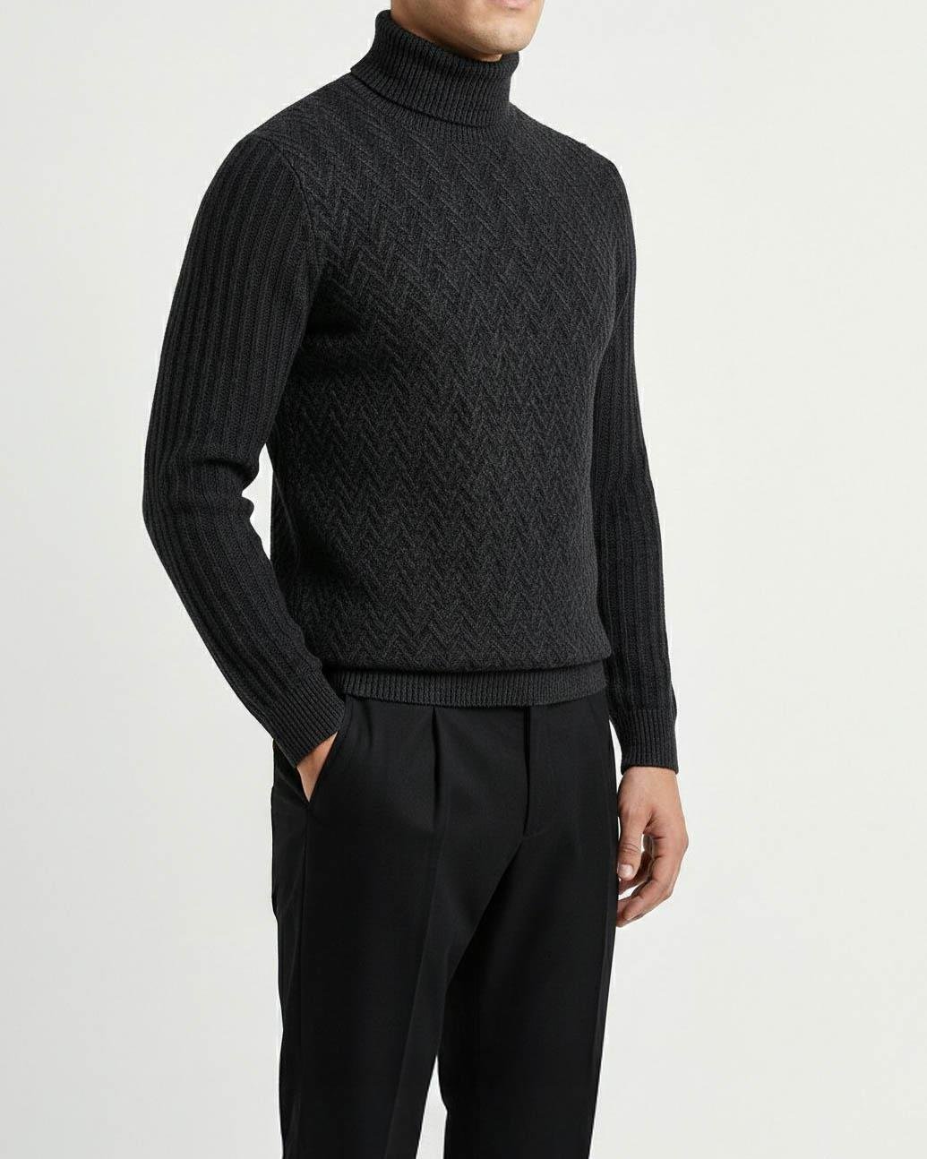 İtalyan stil slim fit boğazlı triko erkek kazak siyah T10612