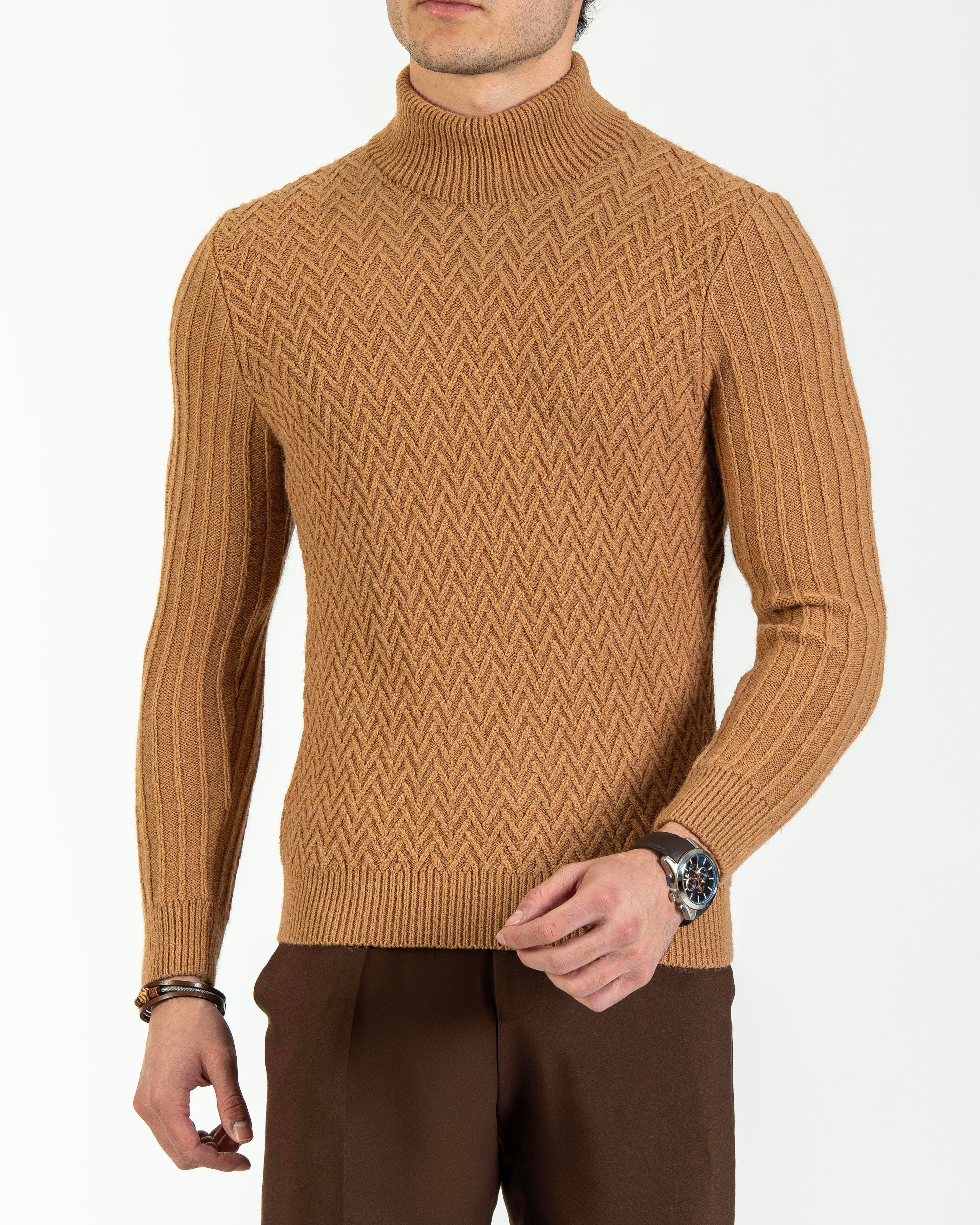 İtalyan stil slim fit boğazlı triko erkek kazak camel T10606