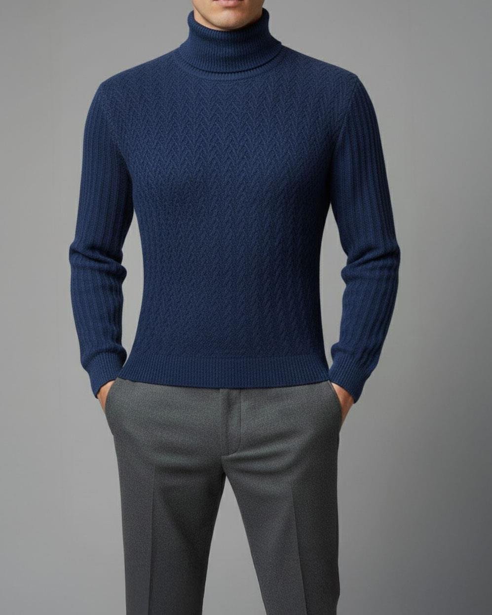 İtalyan stil slim fit boğazlı triko erkek kazak lacivert T10608