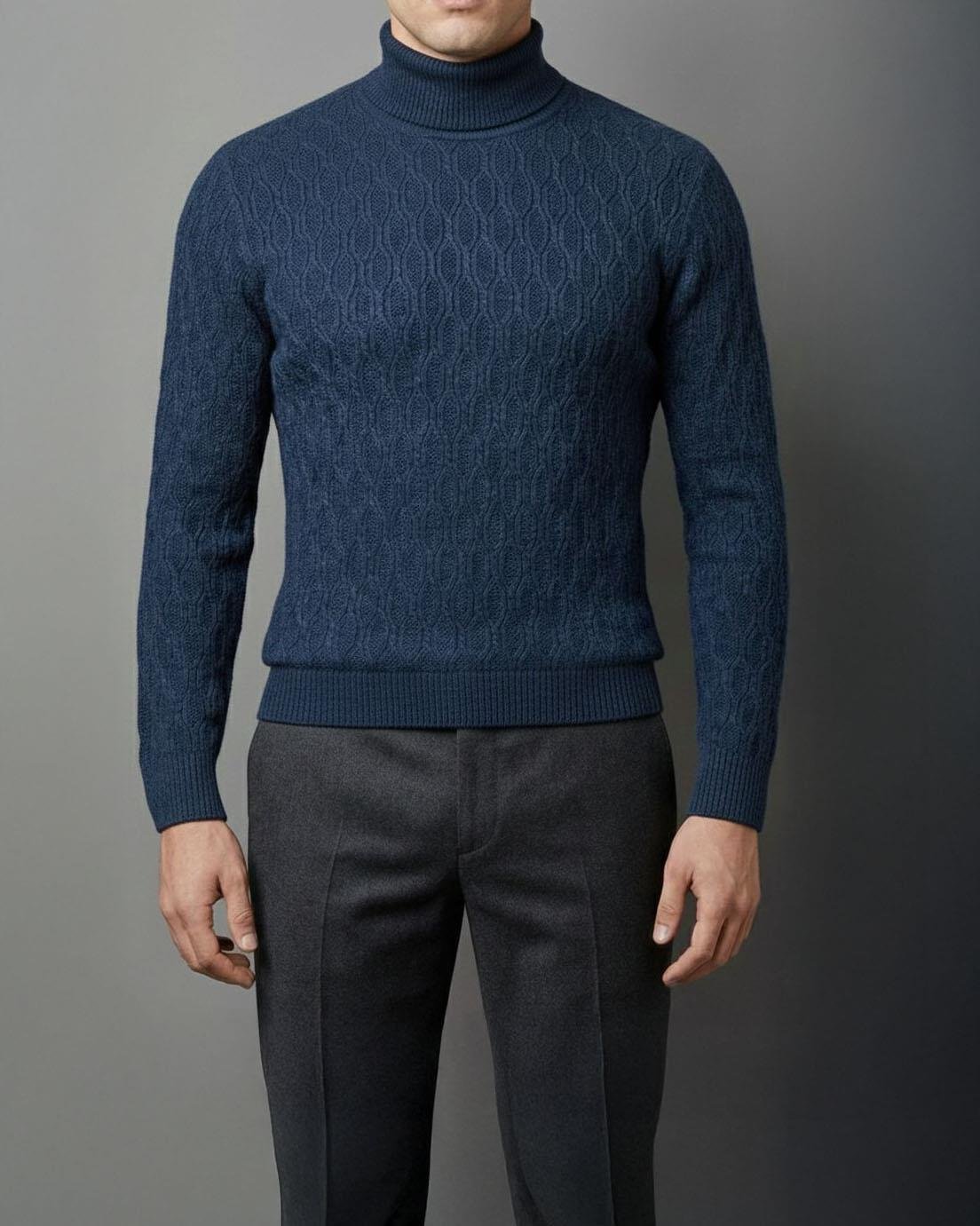 İtalyan stil slim fit boğazlı triko erkek kazak lacivert T13253