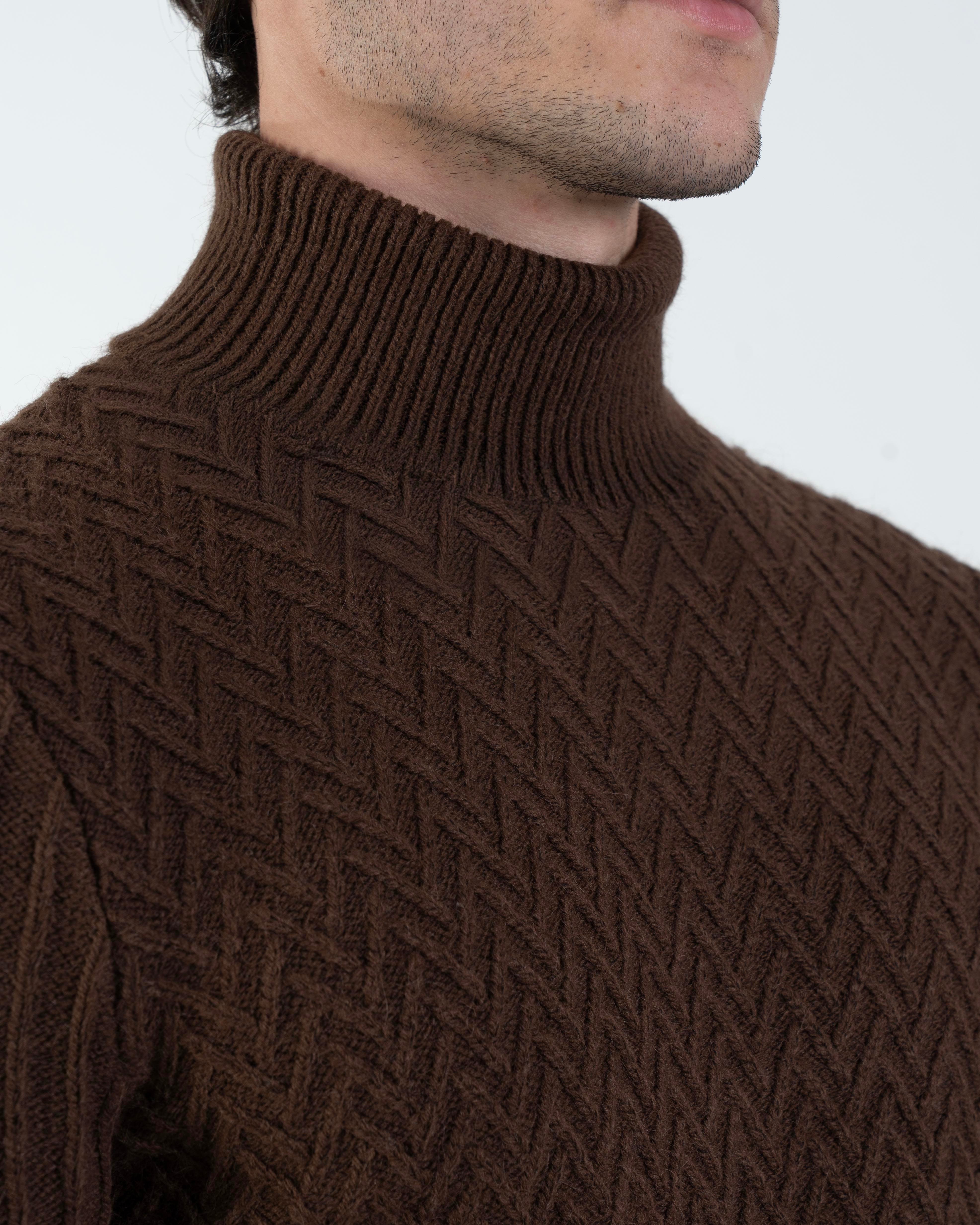 İtalyan stil slim fit boğazlı triko erkek kazak kahverengi T10610