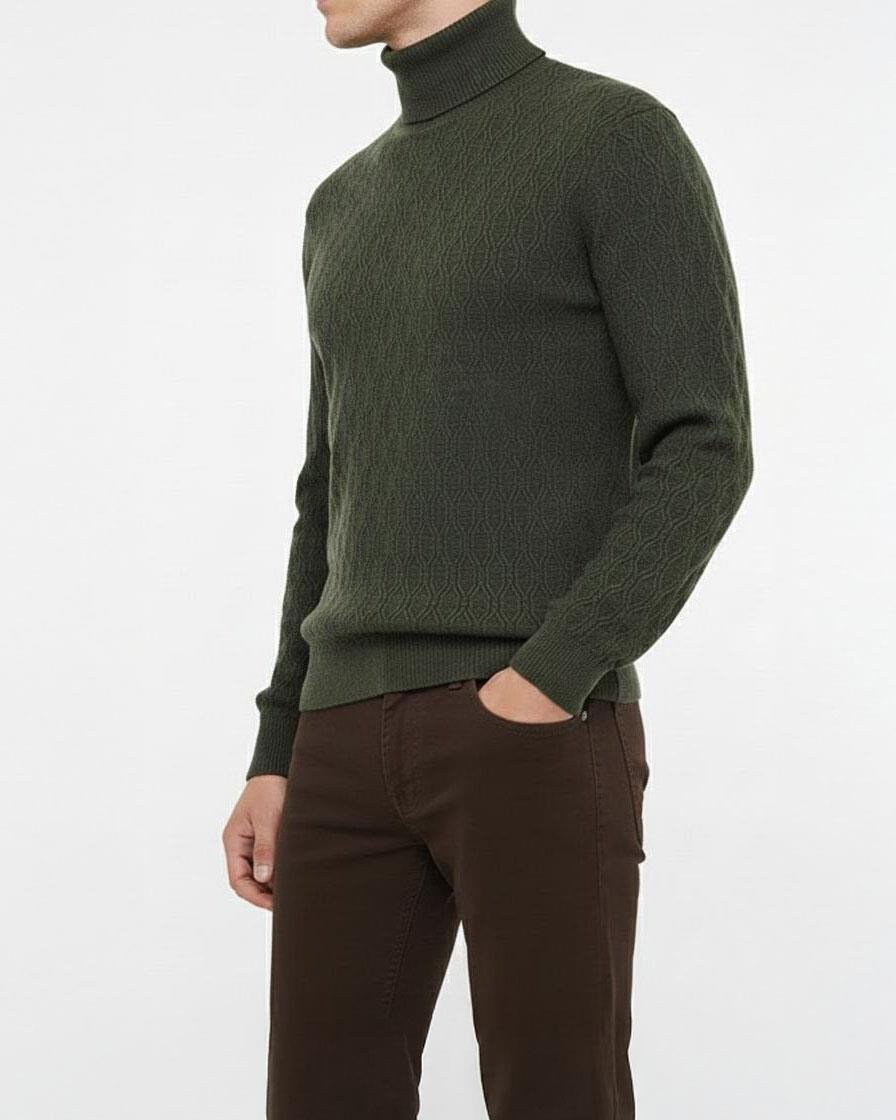 İtalyan stil slim fit boğazlı triko erkek kazak haki T13254