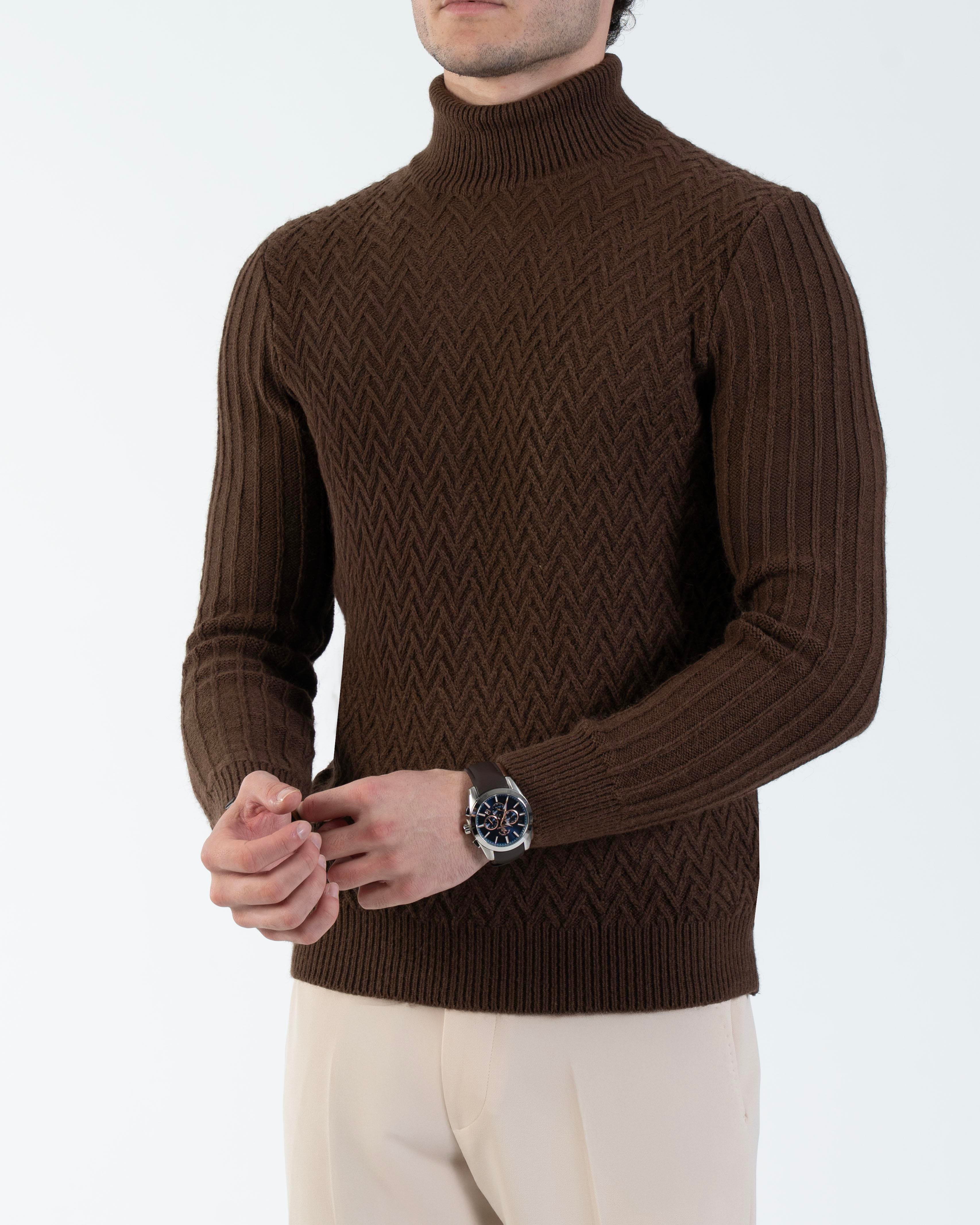 İtalyan stil slim fit boğazlı triko erkek kazak kahverengi T10610