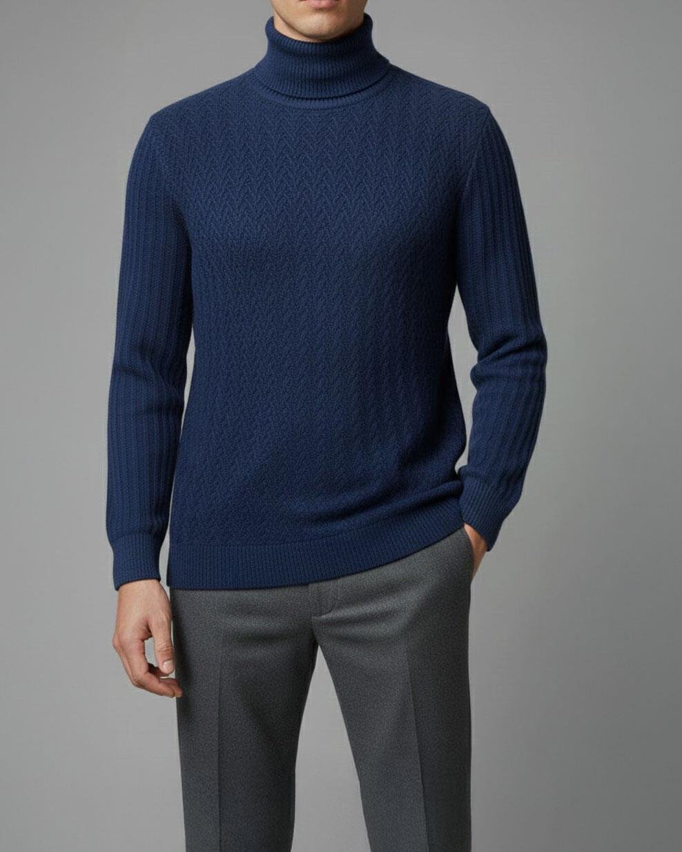 İtalyan stil slim fit boğazlı triko erkek kazak lacivert T10608