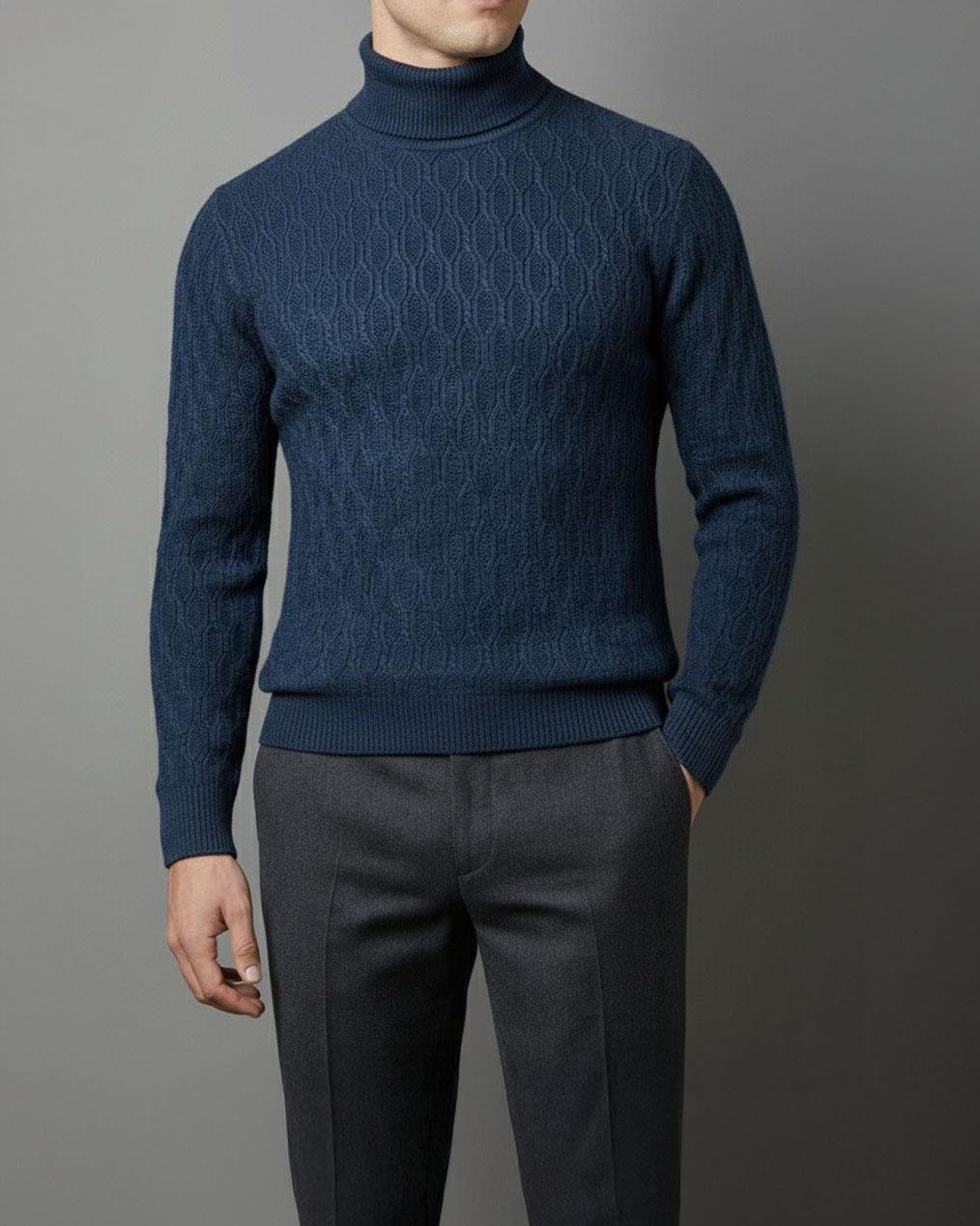 İtalyan stil slim fit boğazlı triko erkek kazak lacivert T13253