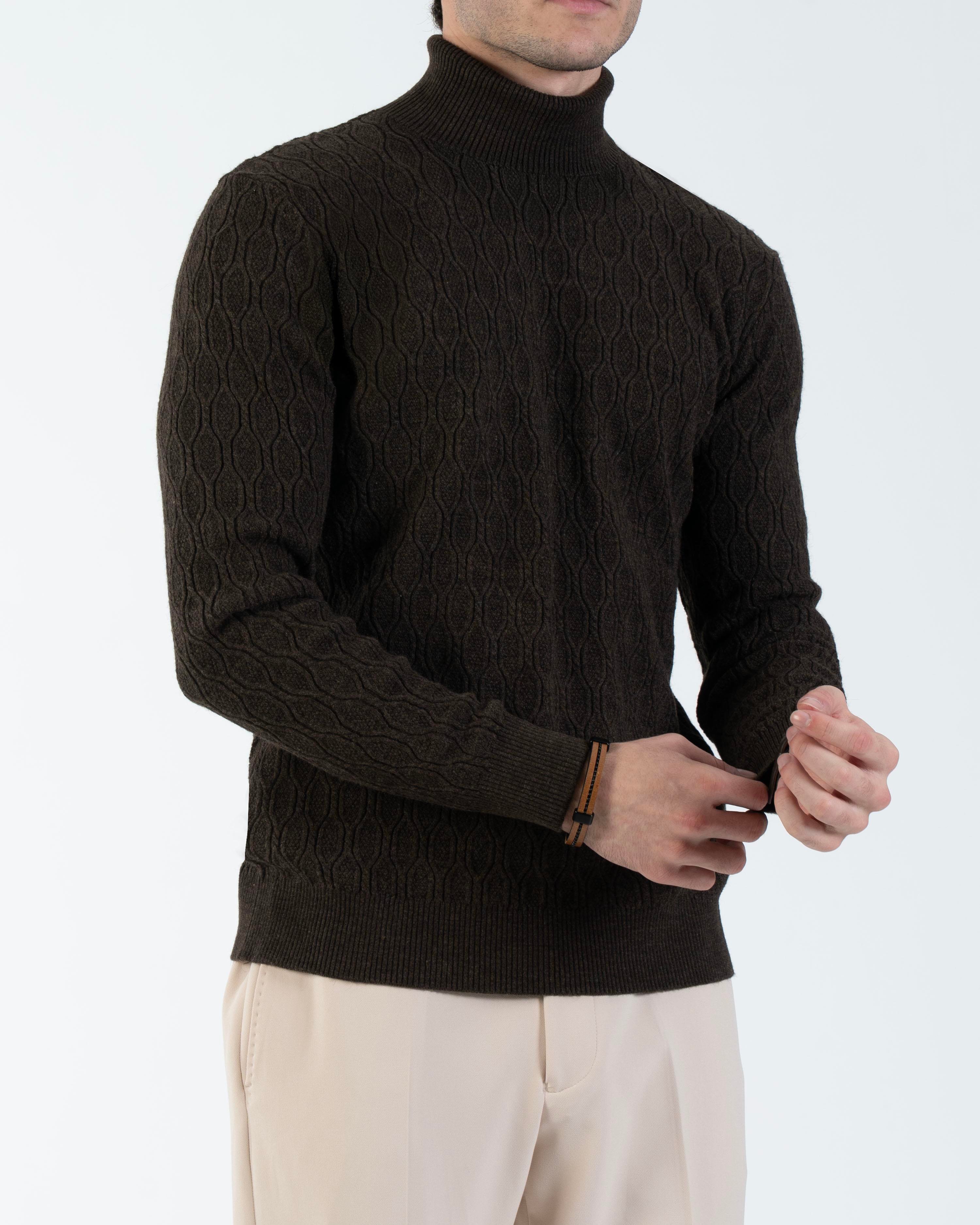 İtalyan stil slim fit boğazlı triko erkek kazak kahverengi T13248