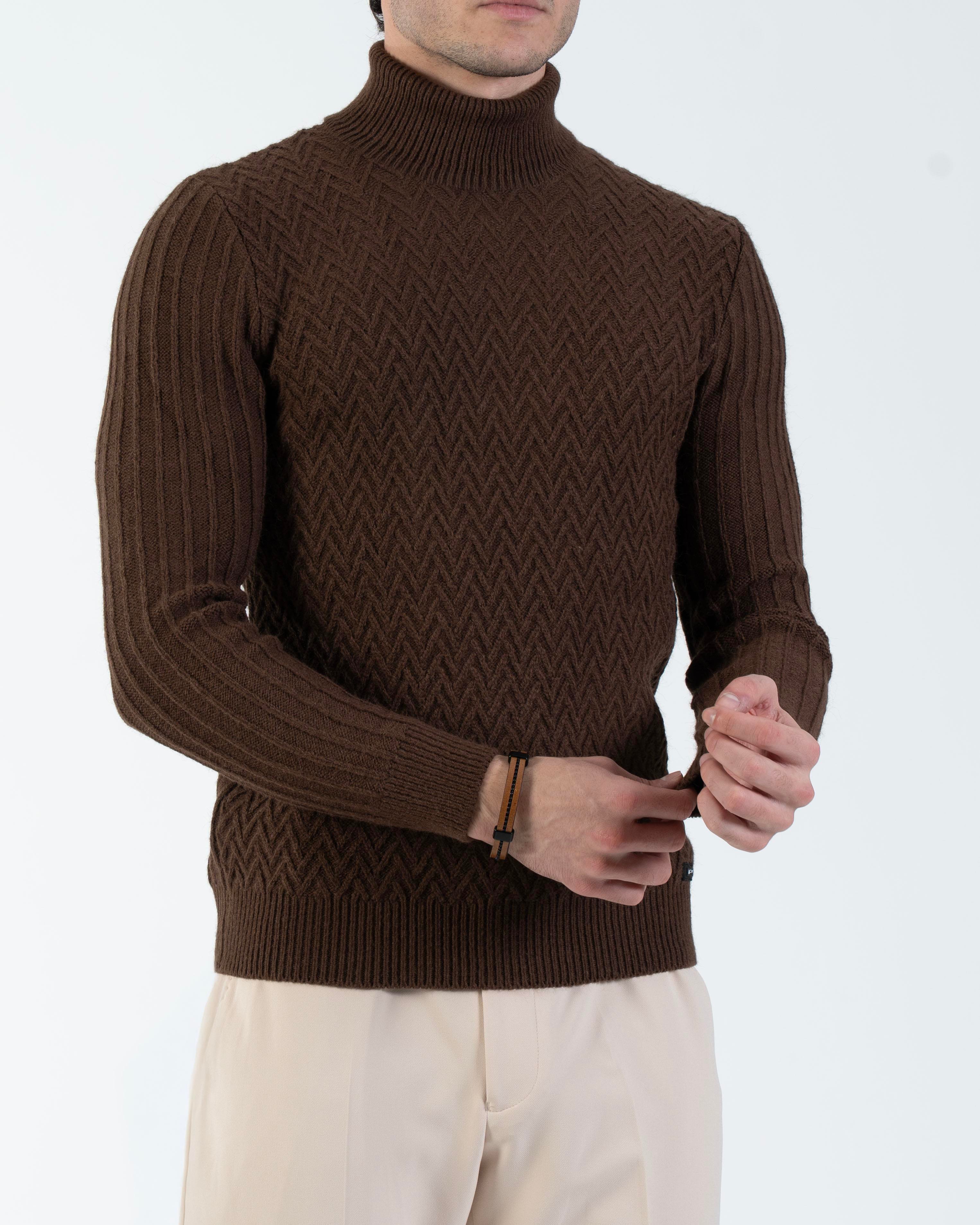 İtalyan stil slim fit boğazlı triko erkek kazak kahverengi T10610