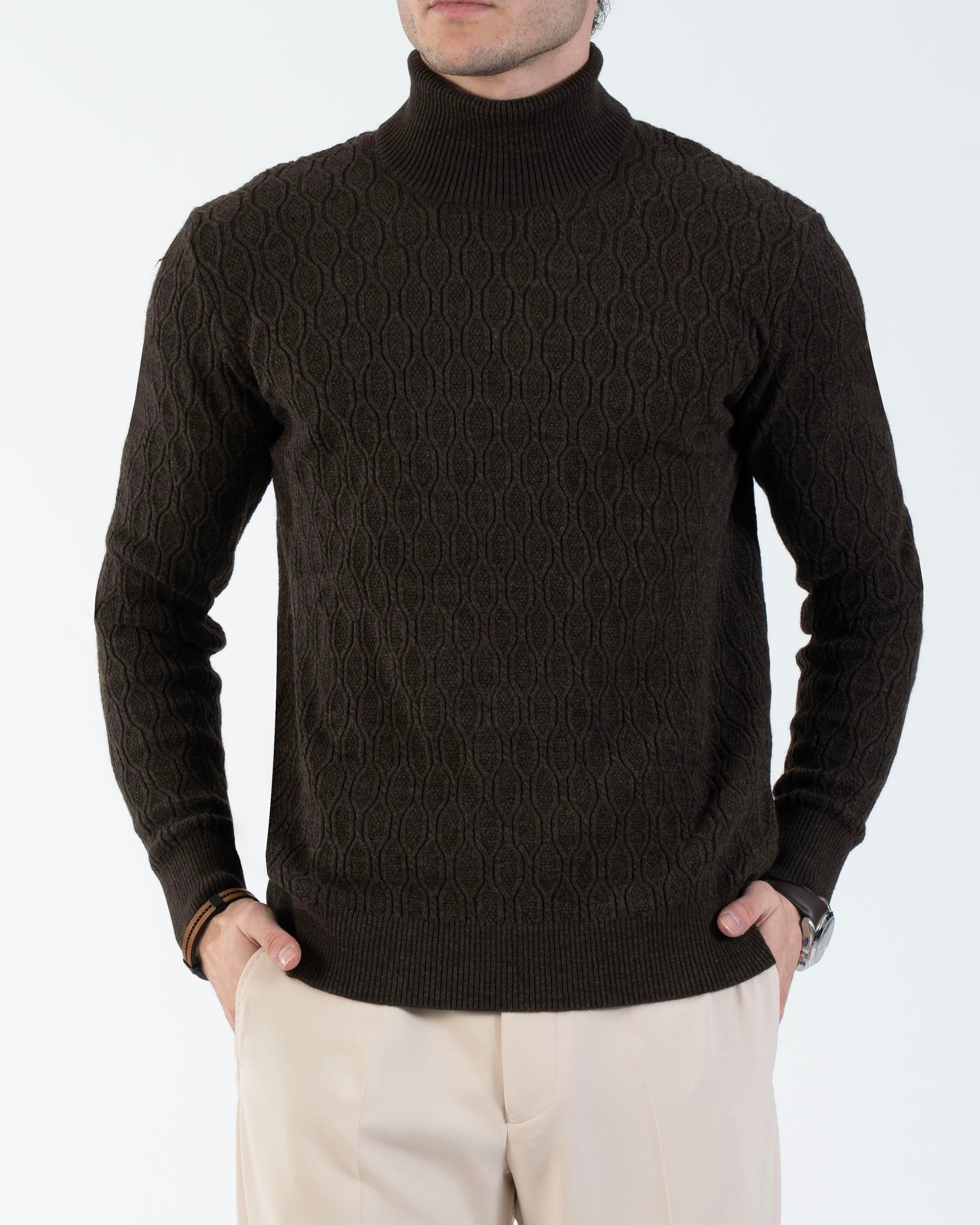 İtalyan stil slim fit boğazlı triko erkek kazak kahverengi T13248