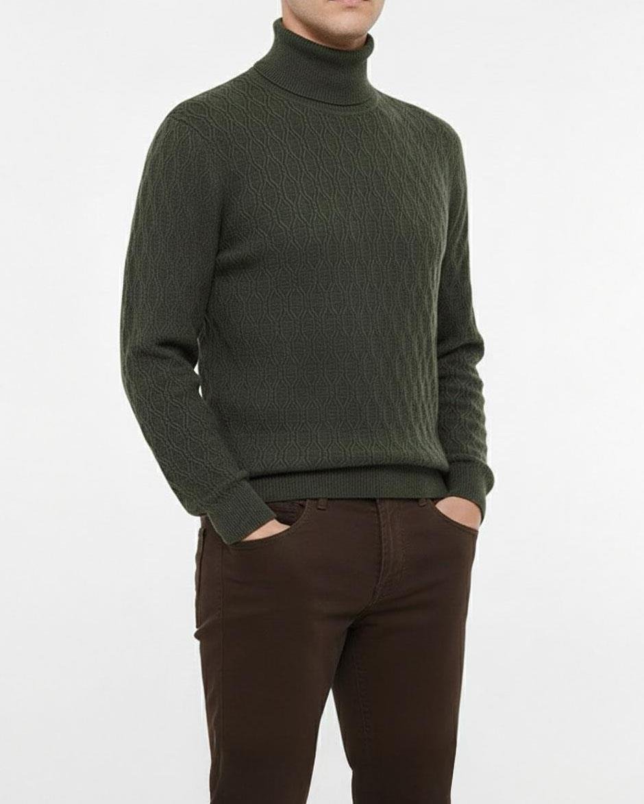 İtalyan stil slim fit boğazlı triko erkek kazak haki T13254