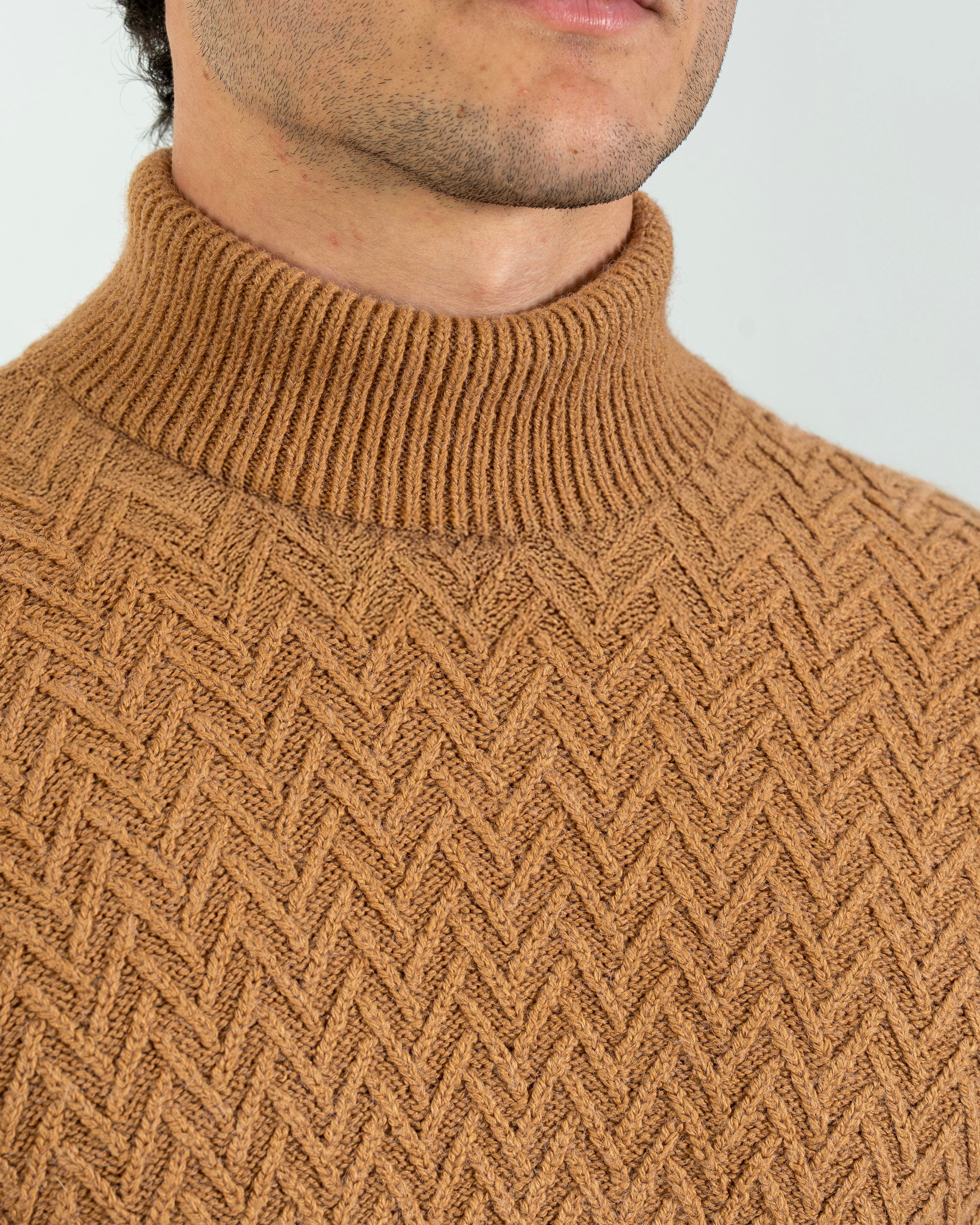 İtalyan stil slim fit boğazlı triko erkek kazak camel T10606