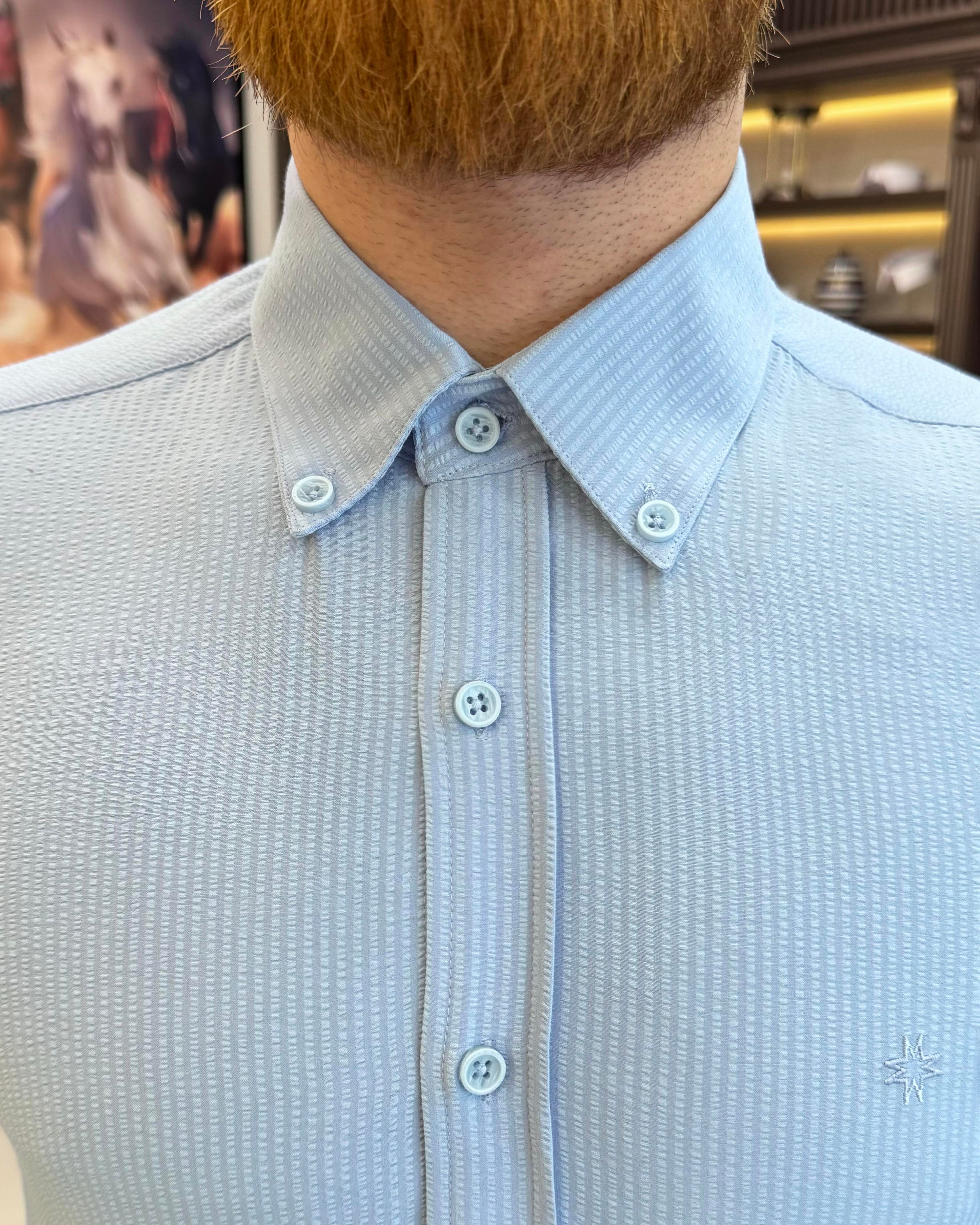 İtalyan stil slim fit bumbac kumaş dik yaka erkek gömlek mavi T11585