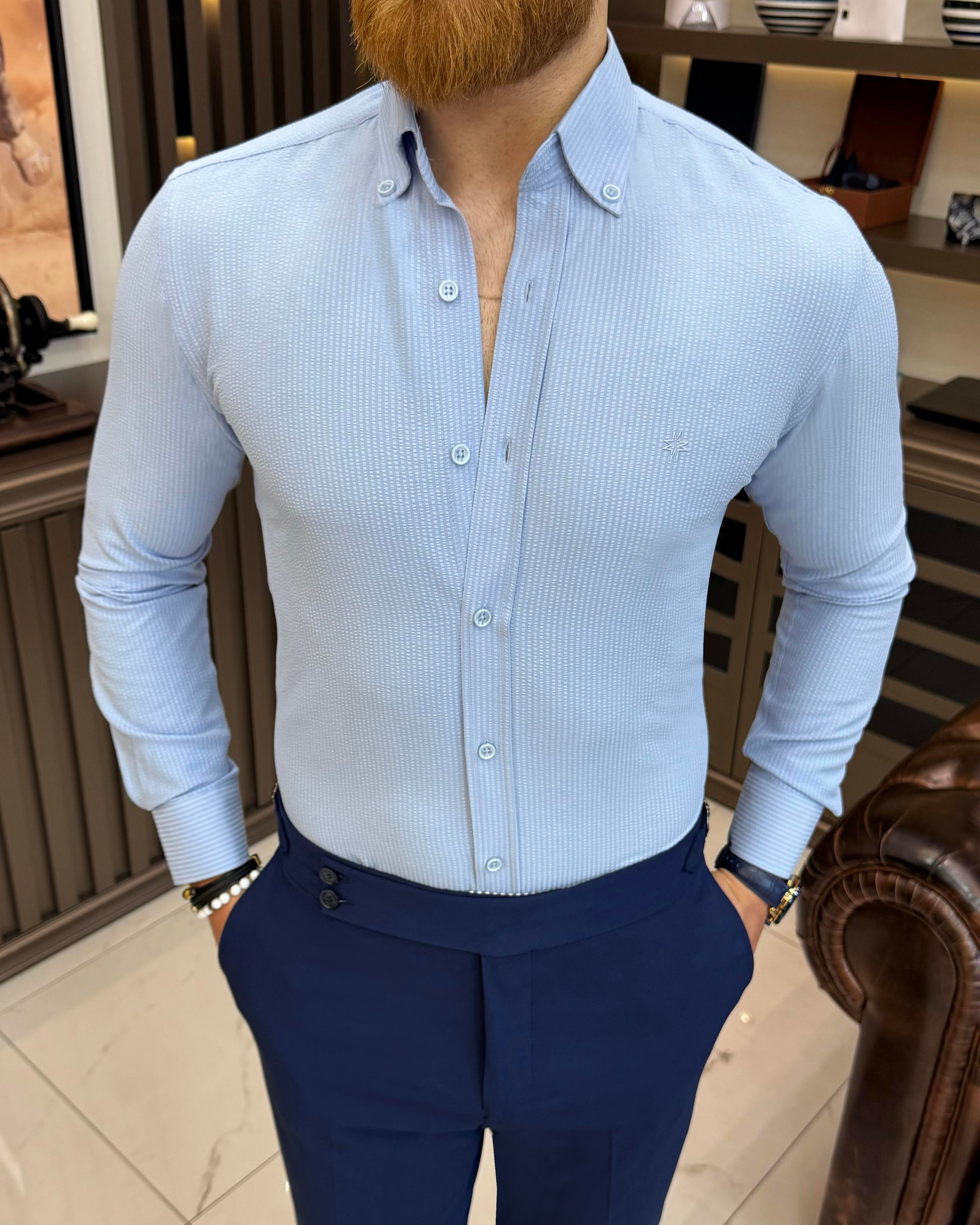 İtalyan stil slim fit bumbac kumaş dik yaka erkek gömlek mavi T11585