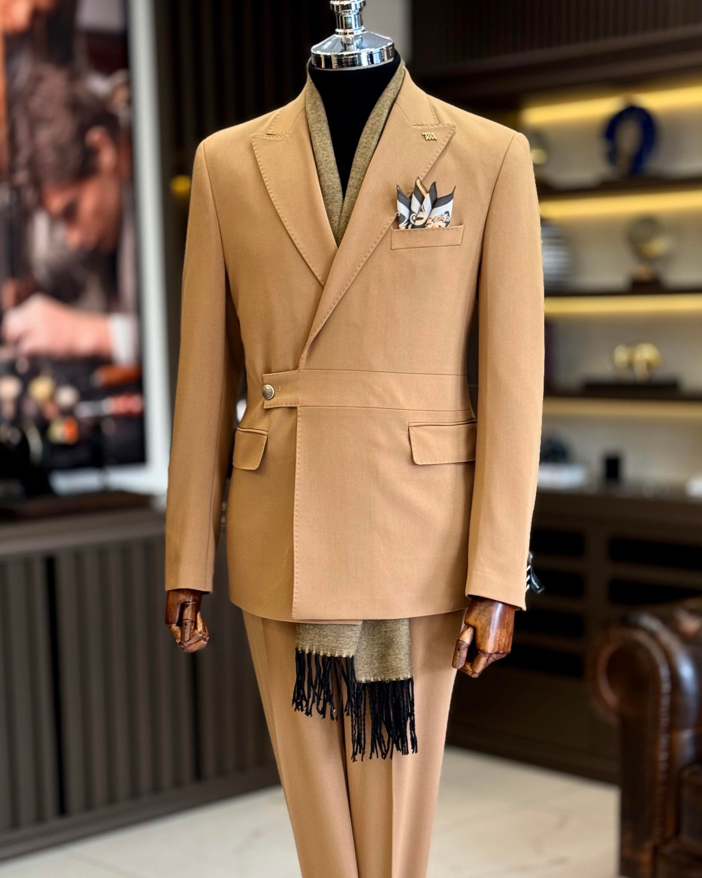 İtalyan stil slim fit ceket pantalon takım elbise camel T13232